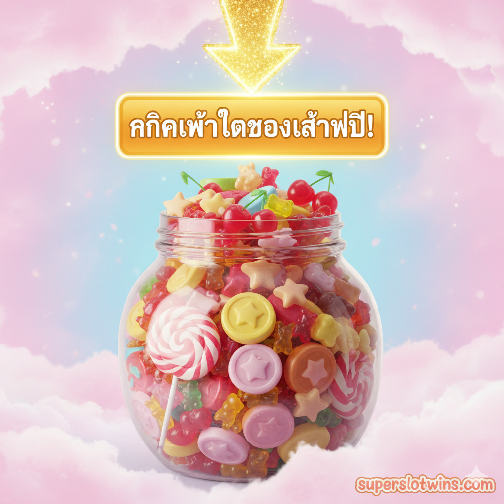 总结图片, ใช้สำหรับการเรียกร้องให้ดำเนินการ (CTA) และสรุปธีม หลักของภาพคือโหลแก้วขนาดใหญ่ที่เต็มไปด้วยลูกกวาดและขนมหวานต่างๆ (อมยิ้ม, เยลลี่, ช็อกโกแลต) เหนือโหลมีลูกศรกะพริบชี้ไปยังปุ่มหรือข้อความที่เขียนว่า 'คลิกเพื่อทดลองเล่นฟรี!' (Click to Try Free!) พื้นหลังเป็นสีชมพูและสีฟ้าอ่อนที่อ่อนโยนและชวนฝัน การจัดองค์ประกอบควรเน้นไปที่องค์ประกอบ CTA และมีโลโก้ 'superslotwins.com' หรือลายน้ำอย่างเรียบง่ายที่มุมหนึ่ง เพื่อเพิ่มการจดจำแบรนด์และการเน้นการกระทำ