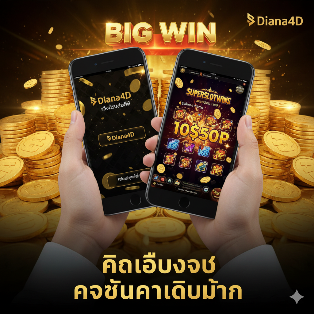 ภาพสรุปที่สร้างแรงจูงใจในการเดิมพัน โดยเน้นที่การคว้าชัยชนะและโอกาสในการทำแจ็คพอต จัดวางภาพโดยมีกองเหรียญทองขนาดมหึมาและแสงแฟลชของการชนะรางวัล (Big Win) เป็นพื้นหลัง ในส่วนหน้าแสดงโทรศัพท์มือถือสองเครื่องที่ถือโดยมือคู่หนึ่ง: เครื่องหนึ่งแสดงหน้า 'Diana4D Login Success' และอีกเครื่องแสดงหน้าเกม SuperSlotWins ที่กำลังระเบิดแจ็คพอต ใช้สีทอง แดง และดำ เพื่อสร้างความรู้สึกหรูหรา น่าตื่นเต้น และชัยชนะ มีข้อความ 'คลิกเดียวจบ ครบทุกการเดิมพัน' วางอยู่ด้านล่างอย่างชัดเจน