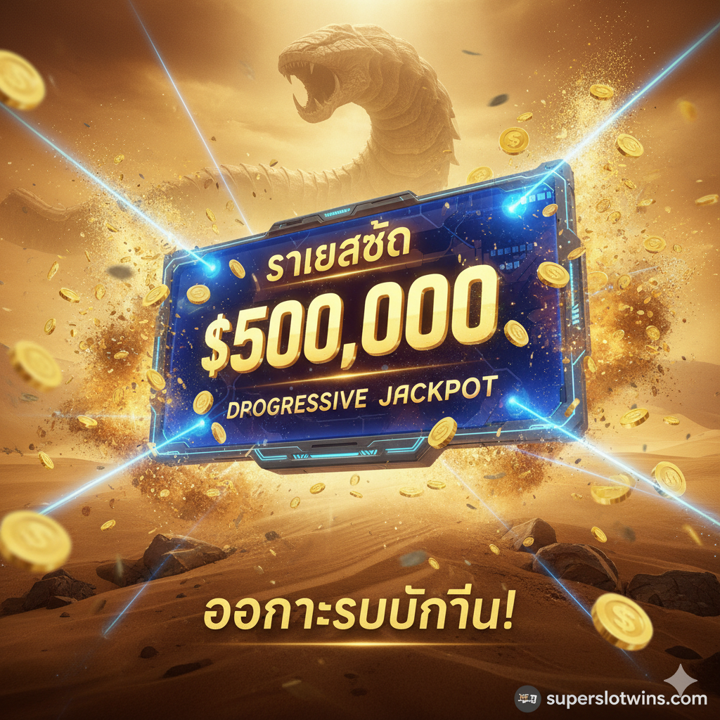 一张充满爆发力的插图，用于表现累积大奖（Progressive Jackpot）的优势。画面中心是一个巨大的数字显示屏，显示着500,000美元的奖金数额，周围伴随着爆炸般的金币和科幻风格的激光特效。色彩使用金沙色与电光蓝，既呼应Dune的主题，又激发玩家对巨额奖金的渴望。