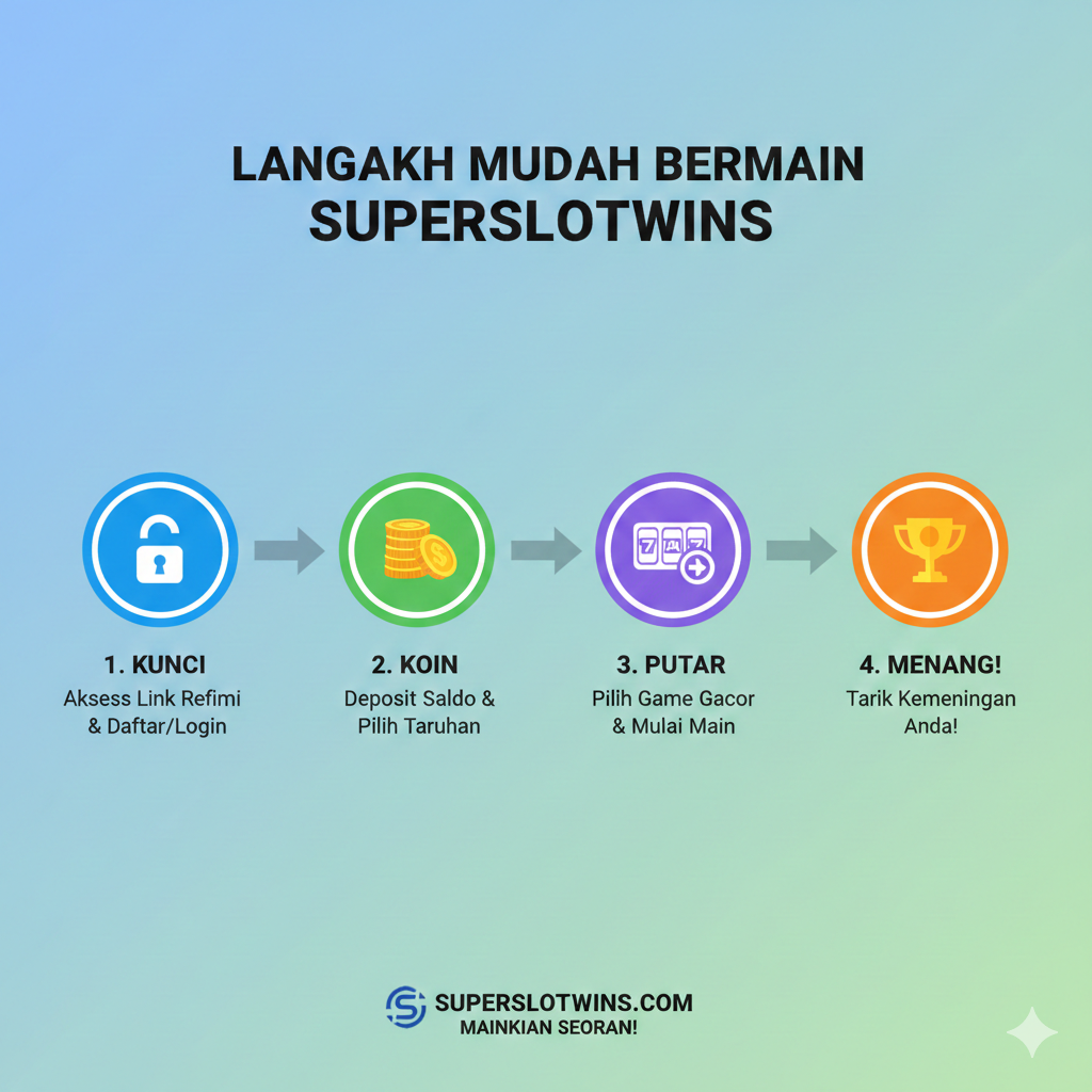 Desain grafis bergaya bagan info 3 langkah dengan ikon untuk Login/Daftar (kunci), Deposit/Bet (koin), dan Spin (simbol putar). Setiap langkah memiliki label bahasa Indonesia singkat, seperti “Akses Link Resmi” dan “Pilih Game Gacor”.