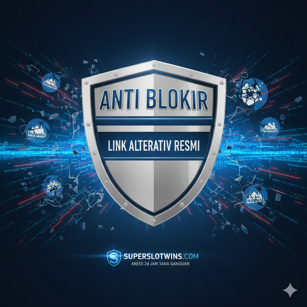 Visual yang menekankan pada keamanan dan akses anti-blokir yang disediakan oleh Superslotwins. Gambar harus menampilkan perisai besar (Shield) yang bertuliskan 'Anti Blokir' atau 'Link Alternatif Resmi'. Di sekeliling perisai, ada elemen-elemen yang rusak atau dipecahkan seperti dinding firewall digital atau ikon 'Nawala' yang retak. Di latar belakang, tautan URL yang mengalir lancar ke situs Superslotwins. Komposisi harus memberikan rasa aman dan jaminan akses 24 jam, menggunakan warna perak, biru tua, dan sedikit merah untuk peringatan bahaya yang berhasil dihindari.