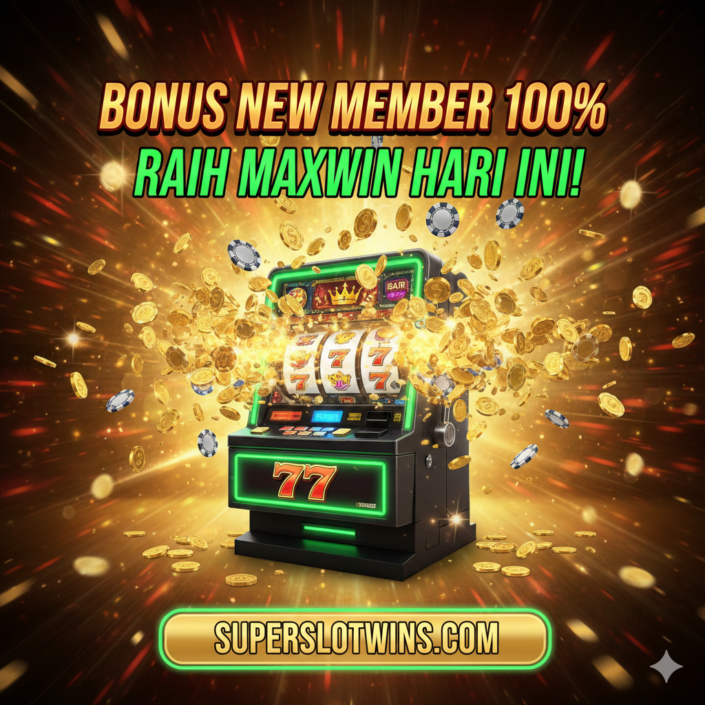 Gambar penutup yang memotivasi pemain untuk segera mendaftar dan meraih Maxwin. Fokus pada elemen jackpot besar: sebuah mesin slot bergaya futuristik yang baru saja memuntahkan hujan koin emas. Di tengah, ditampilkan kata-kata 'Bonus New Member 100%' yang menonjol dan 'Raih Maxwin Hari Ini!' dengan tipografi yang kuat. Gunakan warna cerah (emas, merah, dan hijau neon) untuk menciptakan perasaan urgensi, kegembiraan, dan peluang terakhir yang tidak boleh dilewatkan di platform Superslotwins. Visual harus sangat menarik sebagai Call-to-Action.