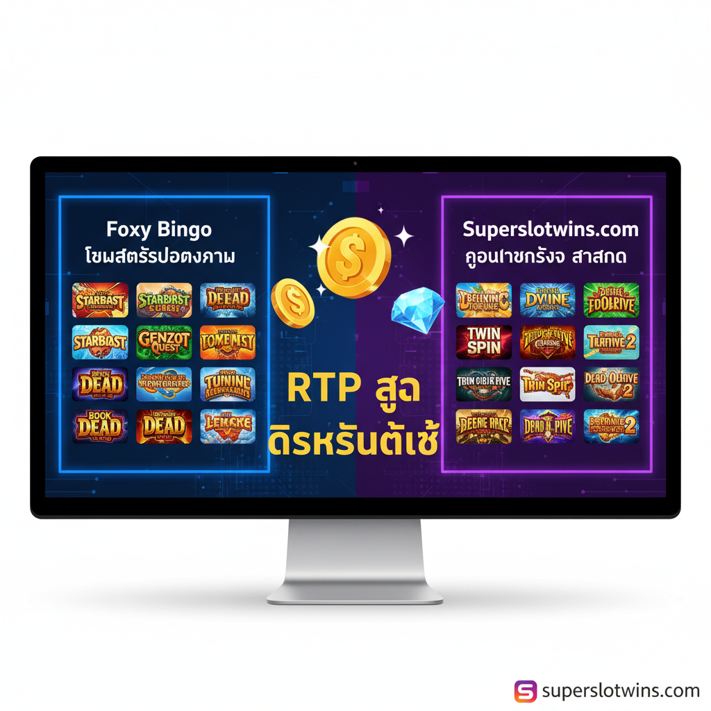 ภาพที่เน้นคุณสมบัติและคุณภาพของเกมสล็อตระดับสากล แสดงหน้าจอคอมพิวเตอร์แบบแบ่งครึ่ง (Split Screen) ซ้าย-ขวา ด้านซ้ายเป็นไอคอนเกมสล็อตยอดนิยมจากค่ายดังที่ Foxy Bingo มี ด้านขวาเป็นไอคอนเกมสล็อตคุณภาพเดียวกันจาก superslotwins.com พร้อมคำว่า 'RTP สูง' และ 'ลิขสิทธิ์แท้' ในภาษาไทยที่โดดเด่นอยู่ตรงกลาง ใช้โทนสีน้ำเงินเข้มและสีม่วงเพื่อสื่อถึงความน่าเชื่อถือระดับพรีเมียม และมีไอคอนสัญลักษณ์เหรียญทองหรือเพชรขนาดใหญ่ที่ลอยอยู่ตรงกลางเพื่อสื่อถึงรางวัลใหญ่