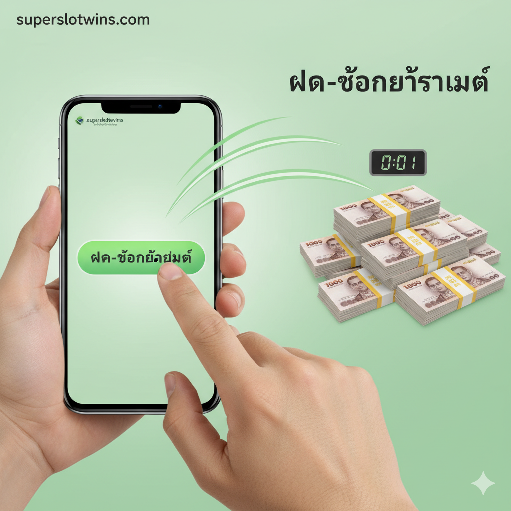 ภาพขั้นตอนการทำธุรกรรมที่ง่ายและรวดเร็วของ superslotwins.com เน้นความแตกต่างจากแพลตฟอร์ม UK แสดงภาพมือถือกำลังกดปุ่ม 'ฝาก-ถอนอัตโนมัติ' ด้วยนิ้วโป้ง ใช้แสงสว่างและสีเขียวสดใสเพื่อสื่อถึงความรวดเร็วและความราบรื่น มีกราฟิกเส้นโค้งความเร็วสูงพุ่งออกจากโทรศัพท์ไปยังกองเงินบาทกองใหญ่ และมีนาฬิกาจับเวลาที่แสดง '0:01' วินาที เพื่อเน้นย้ำถึงความรวดเร็วทันใจของระบบออโต้
