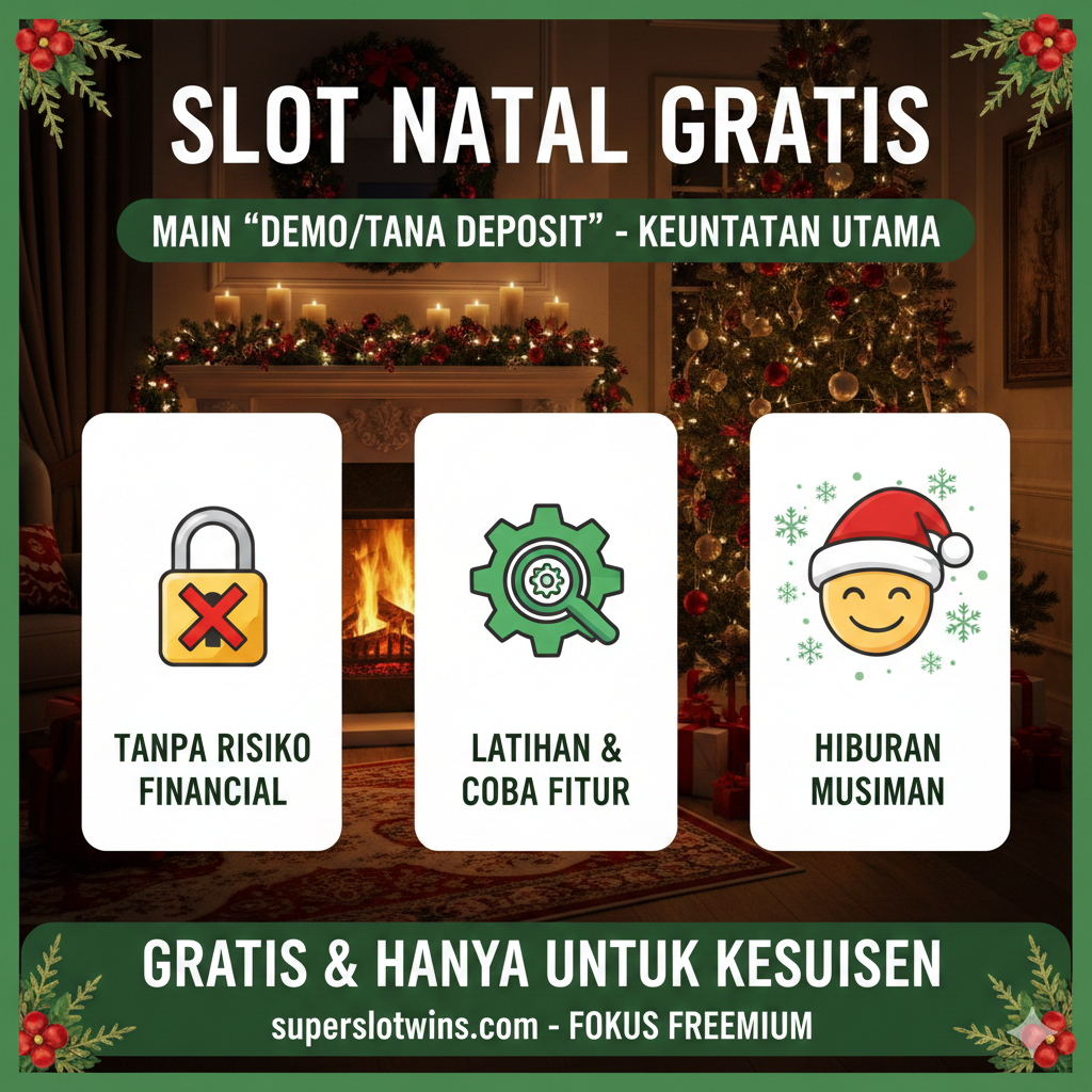 Gambar bertujuan untuk menyoroti keuntungan bermain 'Demo/Tanpa Deposit'. Komposisi menggunakan tata letak tiga kolom atau tiga poin yang berdampingan, masing-masing dengan ikon: 1. 'Tanpa Risiko Finansial' (Tidak ada risiko uang), ikon adalah koin yang dicoret atau gembok; 2. 'Latihan & Coba Fitur' (Latihan dan uji fitur), ikon adalah roda gigi atau kaca pembesar; 3. 'Hiburan Musiman' (Hiburan musiman), ikon adalah wajah tersenyum dengan topi Santa atau kepingan salju. Gaya visual keseluruhan harus santai dan menyenangkan, dengan latar belakang perapian yang nyaman atau pemandangan pohon Natal, dengan skema warna yang lembut dan hangat, menekankan 'GRATIS & Fun Only', menonjolkan 'Freemium Focus' superslotwins.com.