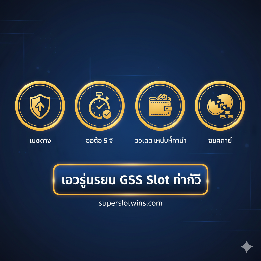 ภาพสรุปและ Call-to-Action (CTA) โดยเน้นย้ำถึง 4 จุดแข็งหลัก: เว็บตรง, Auto 5 วิ, วอเลท ไม่มีขั้นต่ำ, และ แตกง่าย องค์ประกอบควรเป็นป้ายวงกลม 4 วงหรือไอคอนหลัก 4 ตัวที่สรุปลักษณะเด่นเหล่านี้อย่างกระชับ จัดเรียงบนพื้นหลังสีน้ำเงินเข้ม (Deep Blue) พร้อมข้อความ CTA ขนาดใหญ่และโดดเด่น 'เข้าสู่ระบบ GSS Slot ทันที' ในกรอบสีเหลืองหรือส้ม เพื่อกระตุ้นการคลิก ภาพนี้ควรเป็นจุดจบที่มีพลังและชักชวนให้ผู้เล่นลงมือทำ