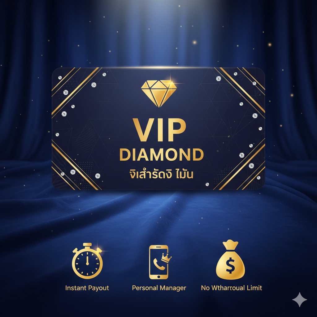 ภาพประกอบส่วนข้อได้เปรียบที่เน้น 'โปรแกรม VIP สล็อต' และ 'สิทธิพิเศษ' แสดงภาพบัตร VIP ระดับ Diamond หรือ Platinum ที่หรูหราส่องประกายอยู่บนพื้นหลังกำมะหยี่สีแดงเข้มหรือสีน้ำเงินเข้ม ด้านหลังบัตรมีไอคอนของสิทธิประโยชน์ต่างๆ เช่น นาฬิกาจับเวลา (สื่อถึง Instant Payout), โทรศัพท์มือถือ (สื่อถึง Personal Manager), และถุงเงินขนาดใหญ่ (สื่อถึง No Withdrawal Limit) ภาพต้องให้ความรู้สึก Exclusive และเป็นเอกสิทธิ์ที่เหนือกว่าผู้เล่นทั่วไป