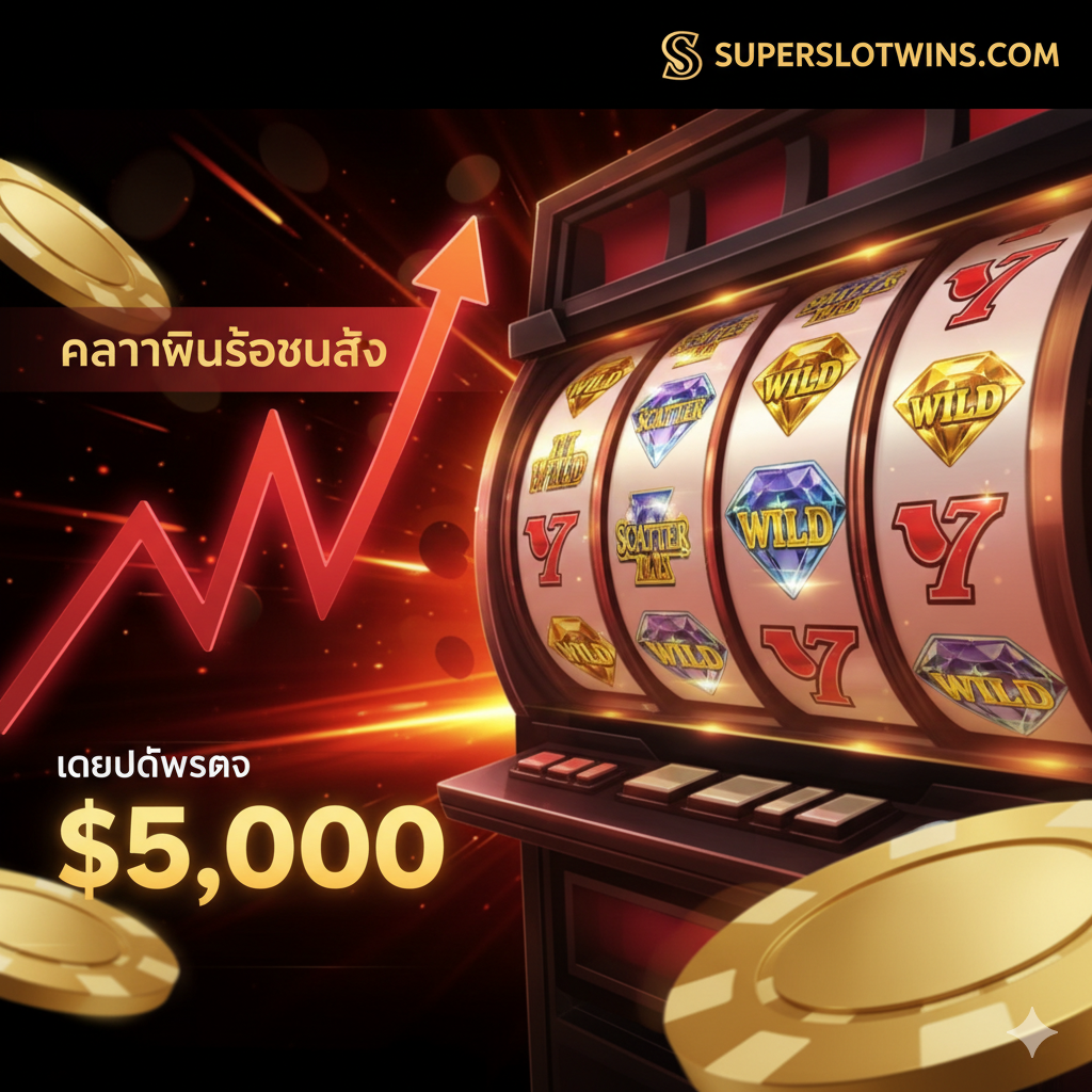 ภาพประกอบส่วนคุณสมบัติที่เน้นเรื่อง 'ความผันผวนสูง (High Volatility)' และ 'Max Bet' แสดงภาพวงล้อสล็อตที่กำลังหมุนด้วยความเร็วสูงหรือกำลังหยุดที่สัญลักษณ์ Scatter/Wild ที่ให้ผลตอบแทนสูง ด้านข้างมีกราฟิกแสดงคลื่นที่มีความชันสูง (High Volatility) พร้อมลูกศรชี้ขึ้นและตัวเลขเดิมพันสูงสุด (Max Bet) ที่เป็นตัวเลขสูงๆ (เช่น $5000) ใช้สีแดงหรือสีส้มที่สื่อถึงความตื่นเต้นและศักยภาพในการแตกหนัก ภาพควรมีพื้นหลังที่ดูเป็นมิติและให้ความรู้สึกของการเดิมพันที่ท้าทาย