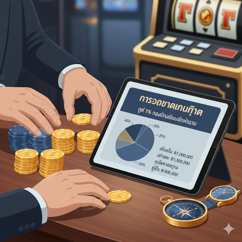 ภาพประกอบส่วนกลยุทธ์/เทคนิคการเล่นที่เน้นเรื่อง 'การจัดการเงินทุน (Bankroll Management)' แสดงภาพมืออาชีพที่กำลังจัดการชิปหรือเหรียญทองคำบนโต๊ะที่มีสมุดบันทึกหรือแท็บเล็ตที่แสดงแผนการเงินหรือกราฟอย่างมีระเบียบ ตัวเลขบนแท็บเล็ตควรแสดงถึงงบประมาณที่จัดสรรไว้อย่างชัดเจน (เช่น 1% Max Bet Rule) มีภาพสัญลักษณ์ของความมีวินัย (เช่น นาฬิกาหรือเข็มทิศ) อยู่ในองค์ประกอบ ใช้โทนสีฟ้า, เทา, และทอง เพื่อสื่อถึงความสุขุมรอบคอบและการวางแผนอย่างเป็นระบบ