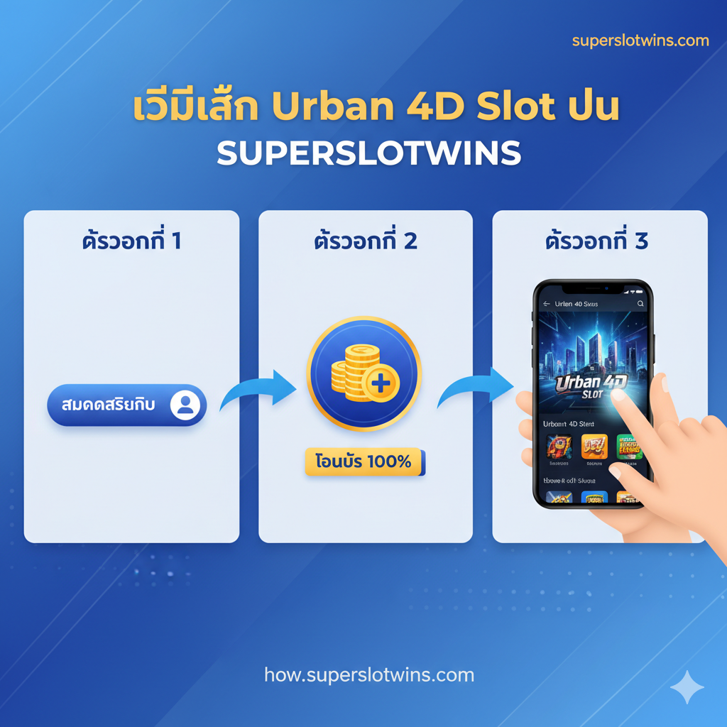 教程指导图片。一个清晰的步骤指南。在简洁的现代背景上展示三个面板。面板1显示一个“สมัครสมาชิก”（注册）按钮（与superslotwins.com网站品牌一致）和一个用户图标。面板2显示一个“ฝากเงิน”（存款）图标，并带有一个“100% 奖金”标签。面板3显示一个智能手机屏幕，展示“Urban 4D Slot”游戏图标被手指点击高亮。箭头引导用户从第1步到第3步。色彩明亮且值得信赖。