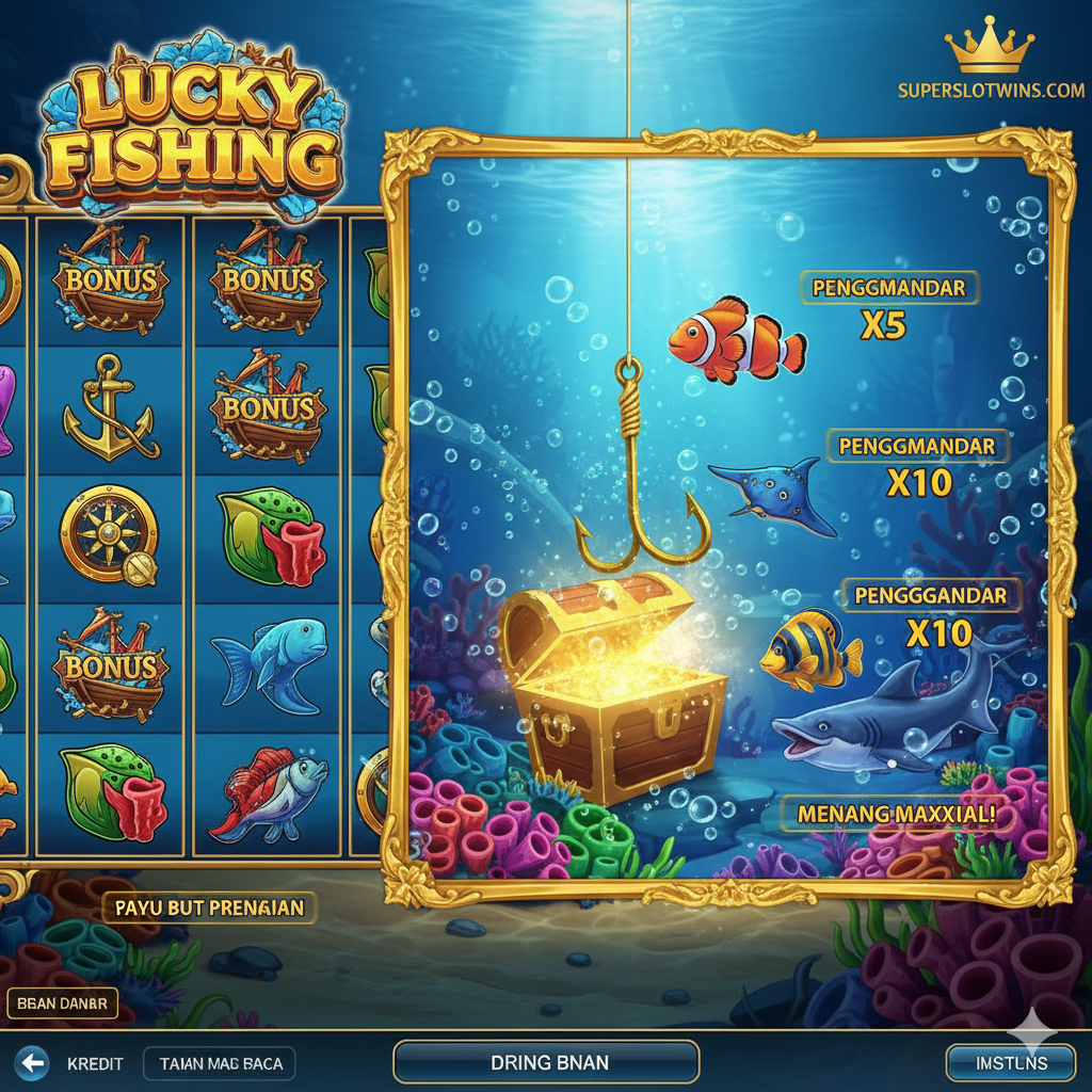 Visual yang berfokus pada fitur utama game, yaitu 'Fishing Bonus' atau 'Free Spin'. Tampilkan layar bonus game dengan kail yang sedang dilemparkan ke air dan menangkap peti harta karun atau beberapa ikon ikan dengan label 'Multiplier' atau 'Max Win'. Gunakan skema warna yang kaya dan cerah untuk menyoroti kemenangan. Di sisi kanan atau kiri, tunjukkan tampilan gulungan slot 5x3 dengan tiga atau lebih simbol Scatter yang baru saja memicu fitur tersebut. Tambahkan elemen visual yang menghubungkan ke Superslotwins (misalnya, ikon logo kecil di sudut) untuk mengesankan keaslian.