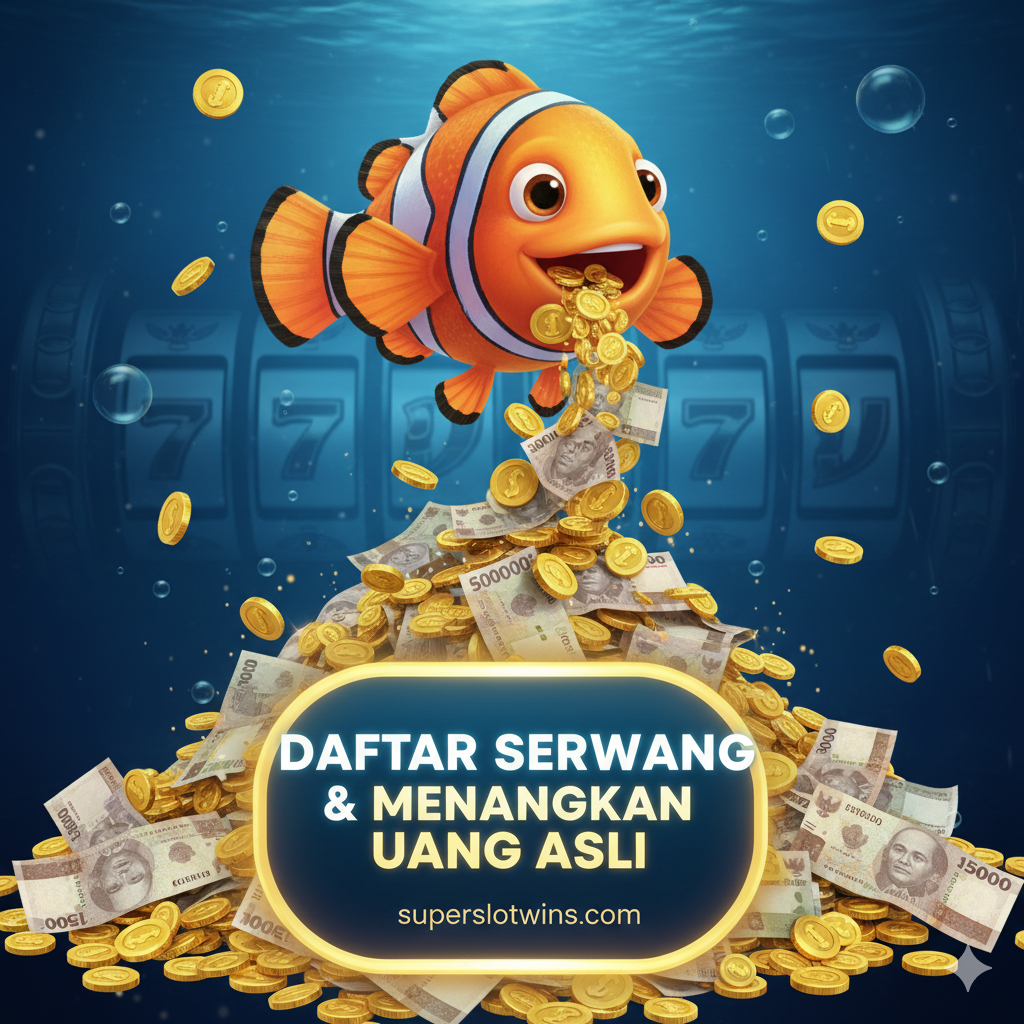 Gambar penutup yang kuat dengan Call-to-Action (CTA). Tampilkan sekumpulan koin emas dan uang kertas Rupiah yang tumpah dari mulut seekor ikan badut yang lucu namun berharga. Di latar depan, sebuah tombol besar bertuliskan 'DAFTAR SEKARANG' atau 'MAIN UANG ASLI' yang menonjol dengan efek glow. Gambar harus memiliki nuansa 'kemenangan' dan 'kepastian'. Gunakan palet warna yang memancarkan kekayaan (emas, hijau tua, biru tua). Fokus utama adalah memotivasi pembaca untuk segera mengklik dan bergabung di Superslotwins, menciptakan rasa urgensi dan hadiah.