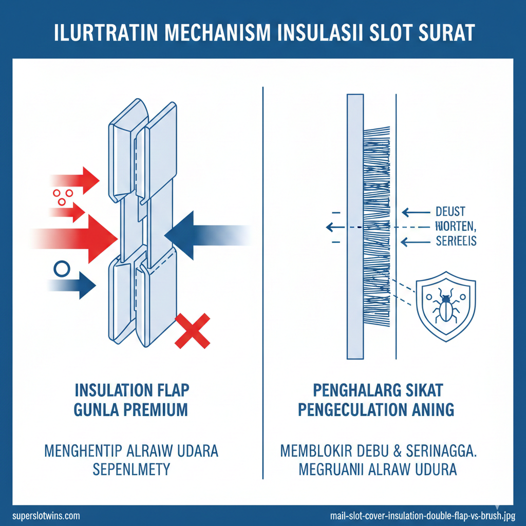 Diagram perbandingan ilustratif yang menunjukkan dua jenis insulasi kotak surat: satu sisi menunjukkan desain 'Insulasi Flap Ganda Premium' (Double Flap) yang menampilkan dua penutup (luar dan dalam) dengan ruang udara penyangga (air gap) di tengah. Sisi lainnya menunjukkan 'Penghalang Sikat Pengecualian Angin' (Brush Excluder). Gunakan panah dan garis putus-putus untuk menunjukkan bagaimana insulasi flap ganda secara efektif menghentikan aliran udara (panah merah/biru diblokir), sementara sikat membiarkan sedikit udara tetapi sangat baik memblokir debu dan serangga. Komposisi terbagi dua, dengan label jelas yang mengidentifikasi setiap jenis insulasi.