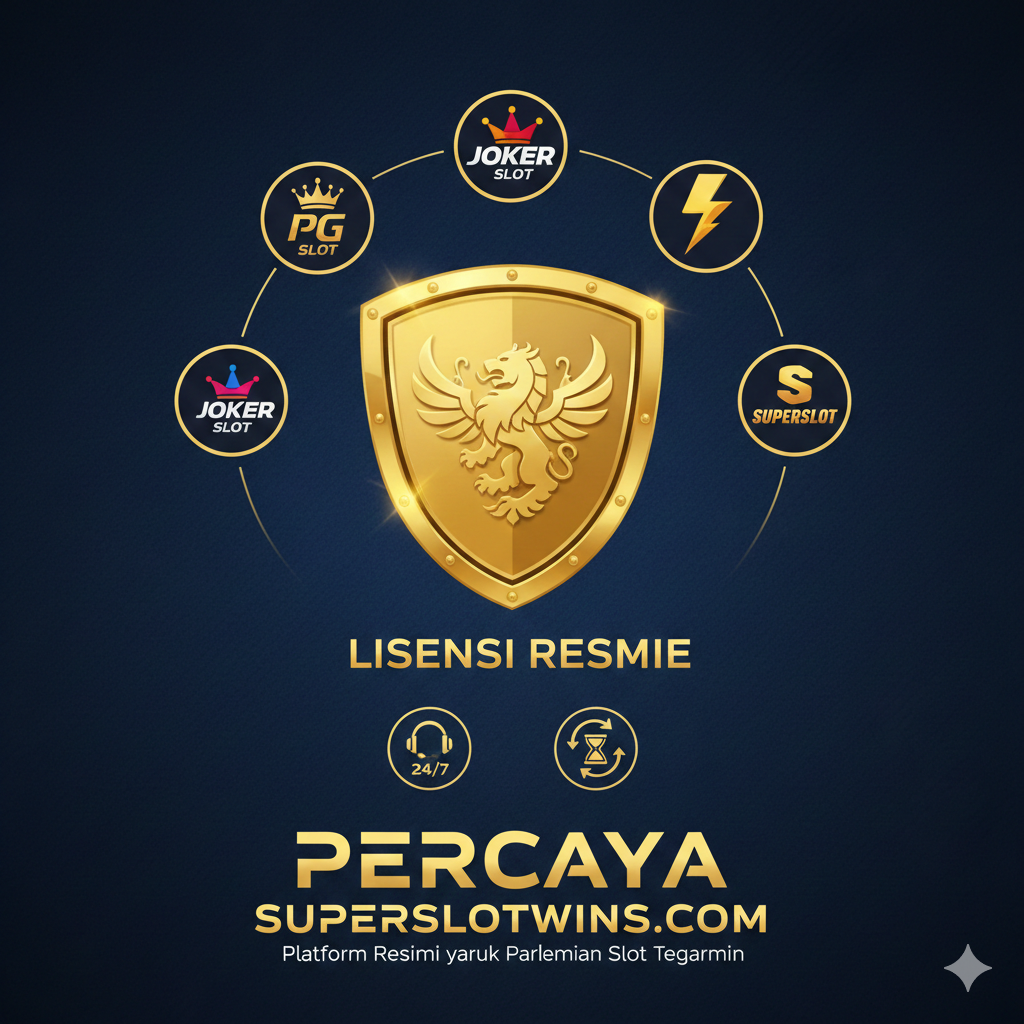 Visual untuk bagian penutup yang menekankan lisensi dan kepercayaan ('Trust Building'). Tampilkan perisai emas besar atau lambang lisensi resmi di tengah, dikelilingi oleh ikon penyedia game ternama seperti PG Slot, Joker Slot, dan Superslot, dalam lingkaran. Di bagian bawah, tampilkan ikon layanan pelanggan 24/7 (headset dan jam) dan ikon kecepatan transaksi. Latar belakang harus profesional dan berkelas (biru tua atau hitam), memperkuat citra superslotwins.com sebagai platform resmi dan terjamin integritasnya untuk มีบุญslot.