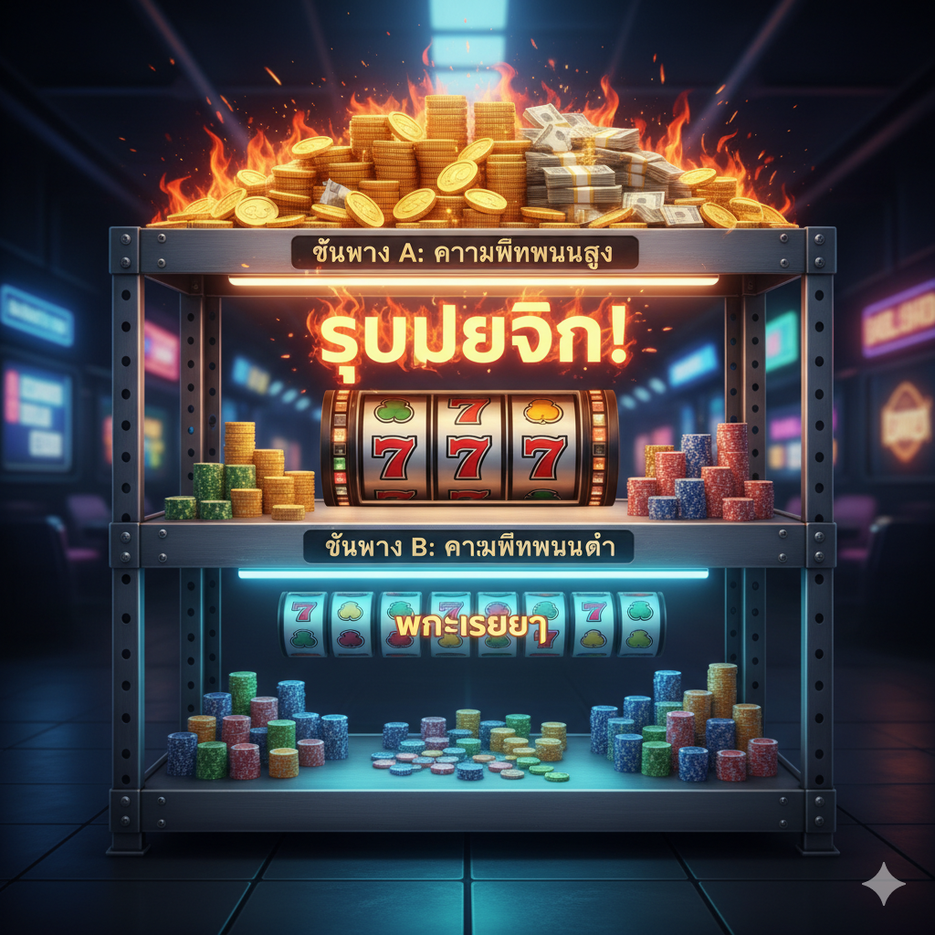 A close-up, strategic view of the 'tutorial' elements. A transparent digital overlay representing a 'Statistics Table' or 'Money Management Dashboard' is visible. A hand (digital or human) is seen placing a gold chip or slot icon onto a specific shelf or slot location on a metallic backdrop. The focus is on the action of strategic placement, showing analysis and control. The background elements include blurred lines resembling slot reels and numbers, highlighting the importance of data-driven decision-making in play.