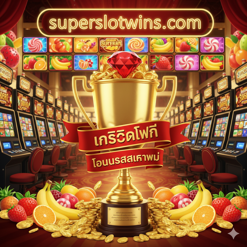 ภาพพื้นหลังคาสิโนหรูหราพร้อมอาหารและผลไม้มากมาย มีคูปองโปรโมชั่นหรือถ้วยรางวัลที่โดดเด่นอยู่ตรงกลาง คูปองมีข้อความ 'เครดิตฟรี' และ 'โบนัสสมาชิกใหม่' ตัวใหญ่ และมีการแสดงไอคอนเกมทางเลือกยอดนิยม เช่น Sweet Bonanza ใช้สีทองและสีแดงเพื่อสร้างบรรยากาศแห่งความมั่งคั่งและความเร่าร้อน