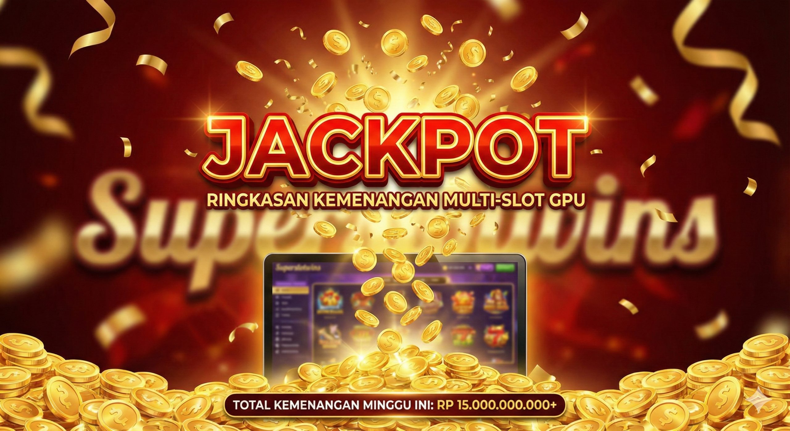 充满庆祝氛围的总结图片，旨在激发玩家的注册欲望。画面中心是一个巨大的'BIG WIN'或'JACKPOT'字样爆炸效果，金币像瀑布一样从屏幕中倾泻而出，堆积在底部。背景是模糊的Superslotwins标志和欢庆的彩带。色彩鲜艳热烈，以红色和金色为主，传达出在Superslotwins玩多路老虎机能带来真实财富的强烈心理暗示。