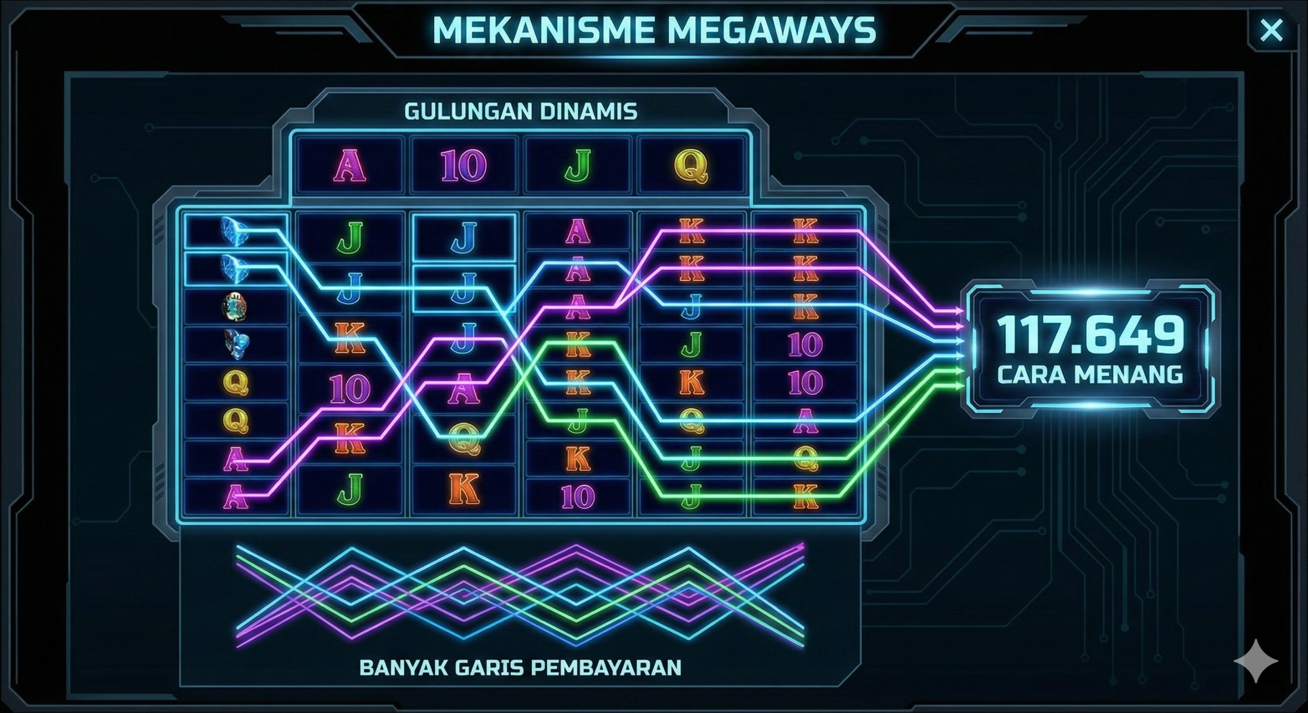 详细展示Megaways机制的功能图。画面呈现一个6卷轴的动态老虎机界面，每个卷轴上的符号数量不一（2到7个），直观展示'多路'概念。明亮的霓虹线条在符号之间连接，形成复杂的锯齿状获胜路径，旁边标注着'117,649 Ways to Win'的辉光文字。背景深色，以突显高对比度的赢奖线条，视觉化地解释了'Multi-Payline'不仅仅是一条直线，而是成千上万种赢奖组合。