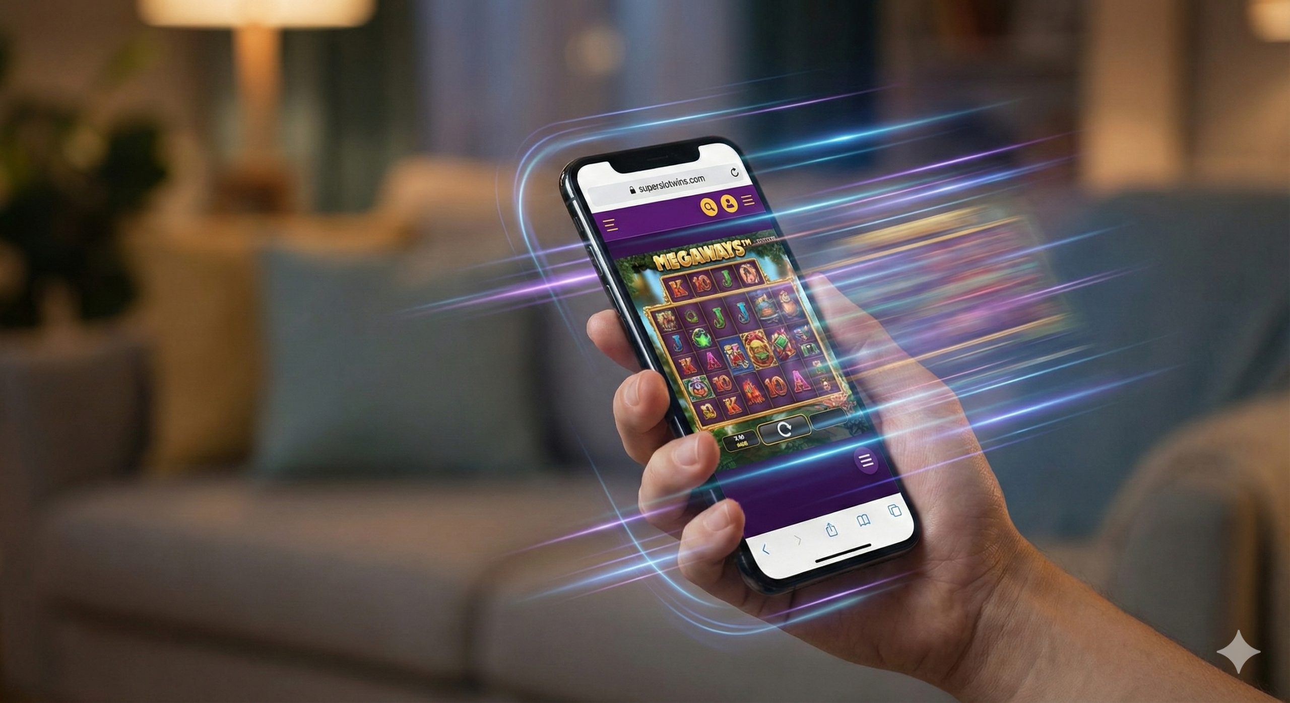 一张展示移动端优化的场景图。特写镜头拍摄一只手握着现代智能手机，屏幕上清晰显示着Superslotwins的移动版界面，正在运行一款流畅的Megaways游戏。手机周围环绕着象征速度的动态光线或运动模糊效果，寓意低延迟和快速加载，强调不需要昂贵的'Multi Slot GPU'也能在手机上流畅体验。背景是模糊的舒适居家环境，暗示随时随地都能娱乐。