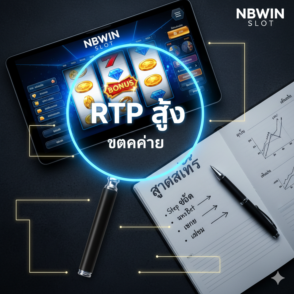 展示“สูตรปั่นแตกง่าย”和“RTP สูง”的优势。图片主题应是策略和胜利。画面中央可以是一个放大镜聚焦在一个高RTP的nbwin老虎机游戏界面上，滚轮上显示出成功的组合。旁边放置一本打开的笔记本，上面写着泰文的“สูตรสล็อต”和“Step Bet”策略的关键点。整体风格偏向专业和分析，使用深色背景搭配亮色图表和文字，暗示科学的投注方法和高回报。