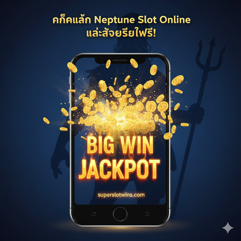 ภาพสรุปที่เน้นการเชิญชวนให้เล่นและโอกาสในการชนะแจ็คพอต (Call to Action) แสดงภาพการระเบิดของแจ็คพอต (Jackpot Explosion) โดยมีเหรียญทองจำนวนมากพุ่งออกมาจากหน้าจอโทรศัพท์มือถือที่กำลังแสดงผล 'BIG WIN' หรือ 'JACKPOT' มีภาพเงาของเทพเนปจูนอยู่ด้านหลังอย่างคลุมเครือ พื้นหลังเป็นสีน้ำเงินเข้มตัดกับแสงสีทองของเหรียญ สร้างความรู้สึกตื่นเต้นและคาดหวังในการทำกำไร มีข้อความเชิญชวนตัวหนา (ภาษาไทย): 'คลิกเล่น Neptune Slot Online และรับเครดิตฟรี!' ที่ดึงดูดสายตา
