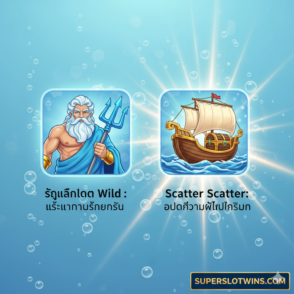 ภาพเน้นฟีเจอร์เด่นของเกมสล็อตธีมเทพเนปจูน/ทะเล สไตล์การออกแบบแบบมินิมอลและชัดเจน แสดงสัญลักษณ์ Wild (รูปเทพเนปจูน) และ Scatter (รูปหีบสมบัติหรือเรือ) ขนาดใหญ่พร้อมคำอธิบายสั้นๆ (ภาษาไทย) ด้านล่าง เช่น 'สัญลักษณ์ Wild: ใช้แทนทุกสัญลักษณ์' และ 'Scatter: เปิดใช้งานฟรีสปิน' พื้นหลังเป็นสีน้ำเงินอ่อนโปร่งใสมีฟองอากาศลอยขึ้น แสดงผลของฟีเจอร์ฟรีสปินที่กำลังทำงาน โดยมีแสงสีทองพุ่งออกมาจากสัญลักษณ์ Scatter สื่อถึงโอกาสในการแตกของแจ็คพอต