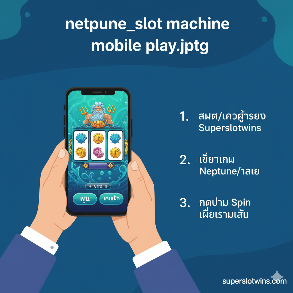 ภาพแนวอินโฟกราฟิก/ขั้นตอนการเล่นบนมือถือ (Mobile Play Tutorial) แสดงภาพมือที่กำลังถือสมาร์ทโฟนในแนวนอน โดยหน้าจอสมาร์ทโฟนกำลังแสดงหน้าเล่นเกมสล็อตธีมเทพเนปจูน/โพไซดอน (เช่น Poseidon Megaways) ที่มีปุ่ม 'หมุน' (Spin) และ 'เดิมพัน' (Bet) ที่ชัดเจน ด้านข้างของโทรศัพท์มีขั้นตอนง่ายๆ 3 ขั้นตอน: '1. สมัคร/เข้าสู่ระบบ Superslotwins', '2. เลือกเกม Neptune/ทะเล', '3. กดปุ่ม Spin เพื่อเริ่มเล่น' ใช้โทนสีฟ้า/เขียวมรกตที่สื่อถึงทะเล ให้ความรู้สึกเรียบง่ายและใช้งานง่ายสำหรับผู้เล่นใหม่