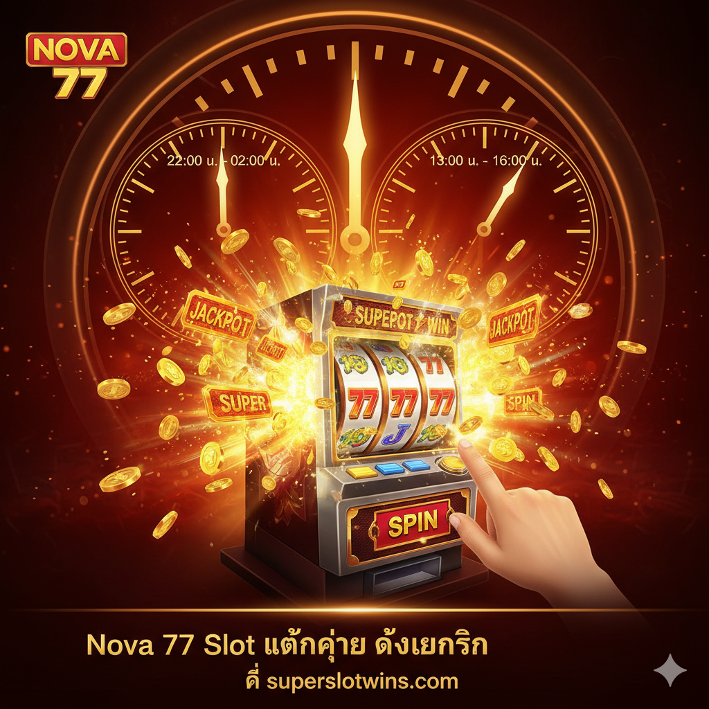 ภาพสรุปและกระตุ้นการตัดสินใจ เน้นคอนเซ็ปต์ 'ช่วงเวลาโบนัสแตก' (Hot Time) ภาพควรมีฉากหลังเป็นนาฬิกาขนาดใหญ่ที่แสดงเวลา '22:00 น. - 02:00 น.' หรือ '13:00 น. - 16:00 น.' อย่างชัดเจน และมีแสงจ้าของรางวัล (Jackpot/Super Win) พุ่งออกมาจากวงล้อสล็อตที่อยู่ด้านหน้า มีมือผู้เล่นกำลังกดปุ่ม 'Spin' อย่างมั่นใจ ภาพรวมใช้โทนสีร้อนแรง เช่น แดง ส้ม หรือทอง เพื่อสื่อถึงโอกาสในการทำกำไรและเน้นข้อความสรุป 'Nova 77 Slot แตกง่าย ได้เงินจริง ที่ superslotwins.com'