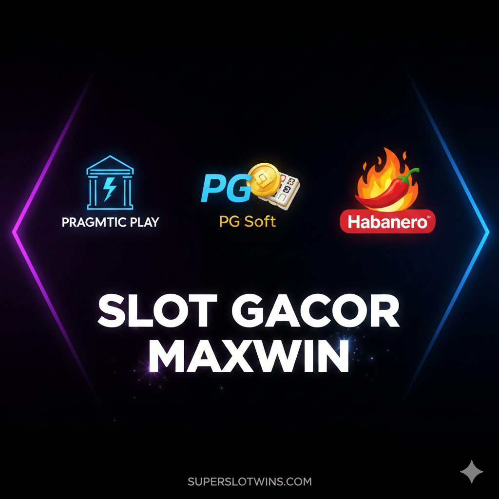 Gambar rangkuman yang menampilkan provider slot utama yang 'Gacor' di server luar negeri. Tampilkan logo ikonik dari Pragmatic Play (misalnya, Gates of Olympus), PG Soft (misalnya, Mahjong Ways), dan Habanero, disusun secara horizontal. Di bawah logo-logo ini, terdapat tulisan 'SLOT GACOR MAXWIN' yang bercahaya. Gunakan latar belakang gelap (hitam atau ungu tua) dengan efek neon yang menyorot logo provider, memberikan kesan premium dan berkualitas tinggi, merangkum pilihan provider terbaik di SUPERSLOTWINS.