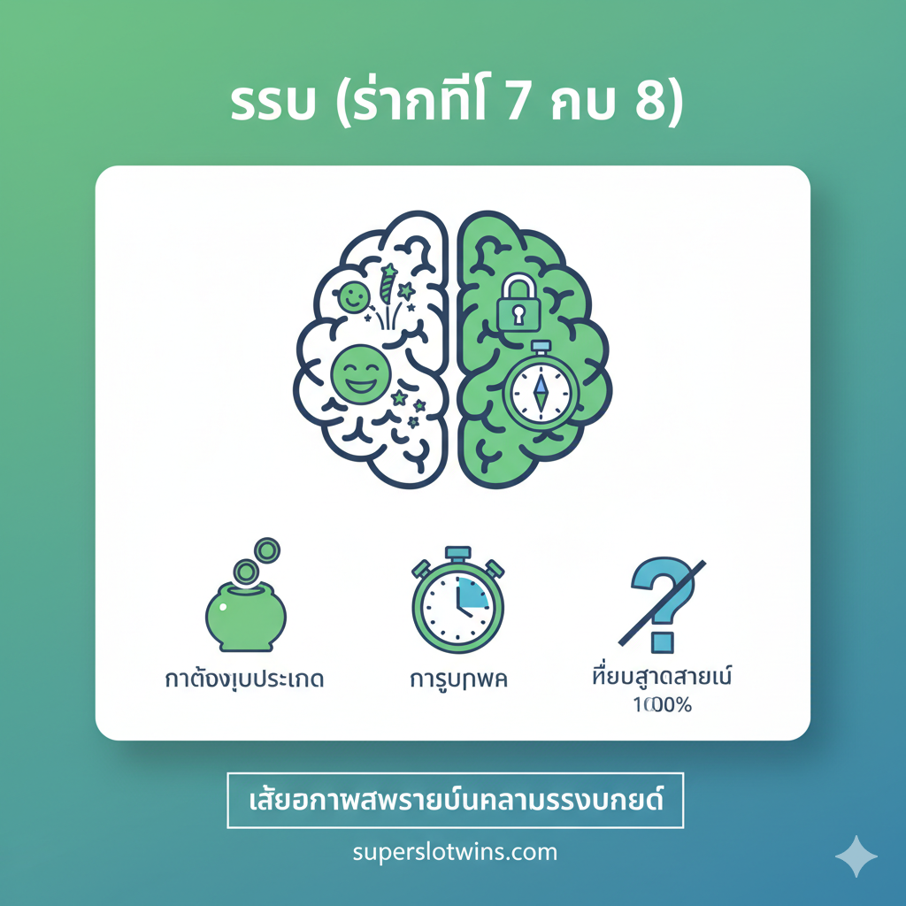 ภาพสรุปและเน้นย้ำเรื่องการเล่นอย่างมีความรับผิดชอบ (ส่วนที่ 7 และ 8) ออกแบบในสไตล์ที่น่าเชื่อถือและให้ความรู้ ใช้สีเขียวและสีฟ้าที่สื่อถึงความสงบและความสมดุล ตรงกลางภาพคือสมองคน (หรือไอคอนความคิด) ที่มีการแบ่งส่วนอย่างชัดเจน ส่วนหนึ่งแสดงถึง 'ความสนุกและความบันเทิง' (Fun) และอีกส่วนแสดงถึง 'การควบคุมตัวเอง' (Control) มีไอคอนสำคัญ 3 อย่างประกอบ: 1. กระปุกออมสิน/เหรียญ (การตั้งงบประมาณ) 2. นาฬิกาจับเวลา (การหยุดพัก) 3. เครื่องหมายคำถามถูกขีดฆ่า (ไม่มีสูตรสำเร็จ 100%) สื่อถึงการเล่นสล็อตอย่างชาญฉลาดและมีความรับผิดชอบตามที่บทความแนะนำ