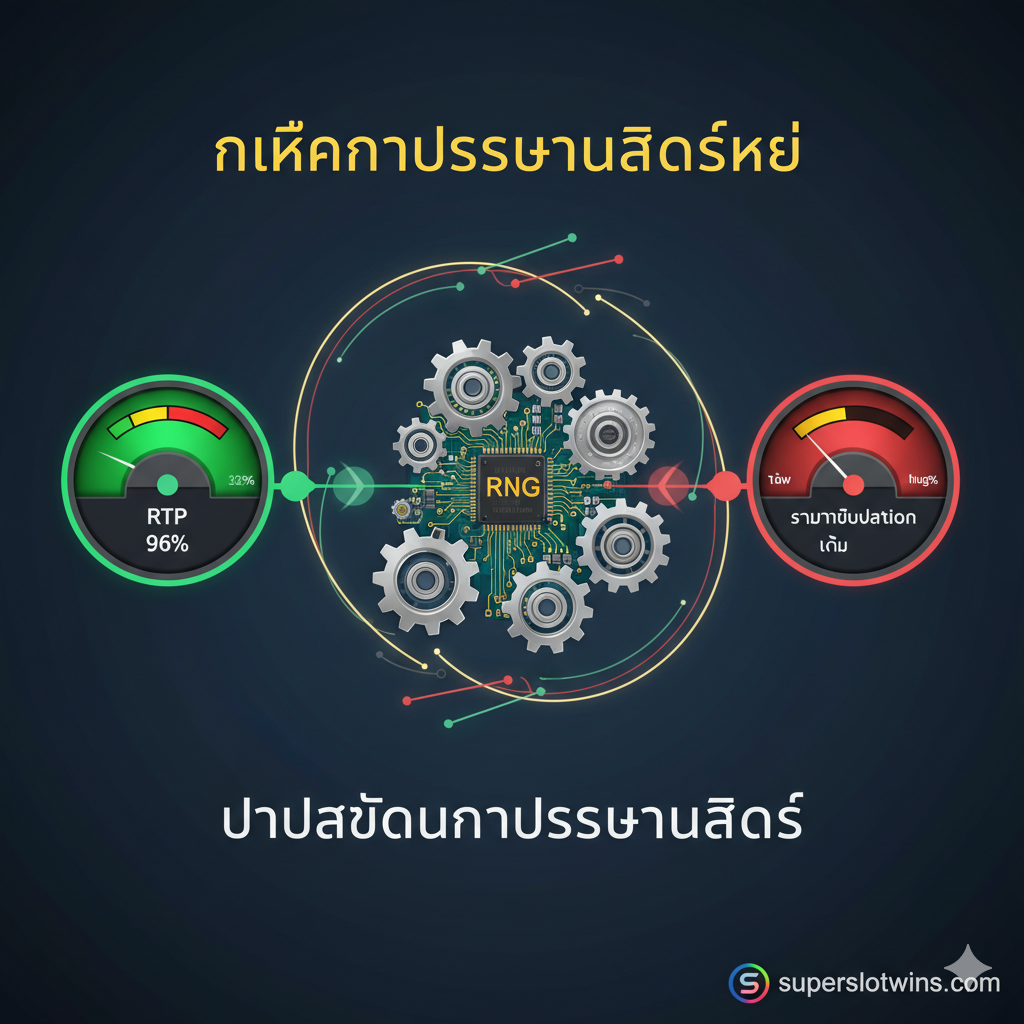用于解释กลไก (Mechanism) ของการกระจาย (Distribution) โดยเฉพาะส่วนของ RTP และ RNG。图片中心展示一个复杂的齿轮组或电路板,代表 Random Number Generator (RNG) 的运作。旁边有两个对比鲜明的สีเขียวและสีแดง的能量条หรือ仪表盘:一个标着 'RTP 96%',另一个标着 'Volatility',并有 Low/High 的指示灯,象征ระบบ (System) กำลัง努力รักษาความสมดุล (Balance)。风格应为เทคนิค (Technical) และไดอะแกรม (Diagram) 性质,颜色สดใสแต่ดูน่าเชื่อถือ (Trustworthy)。