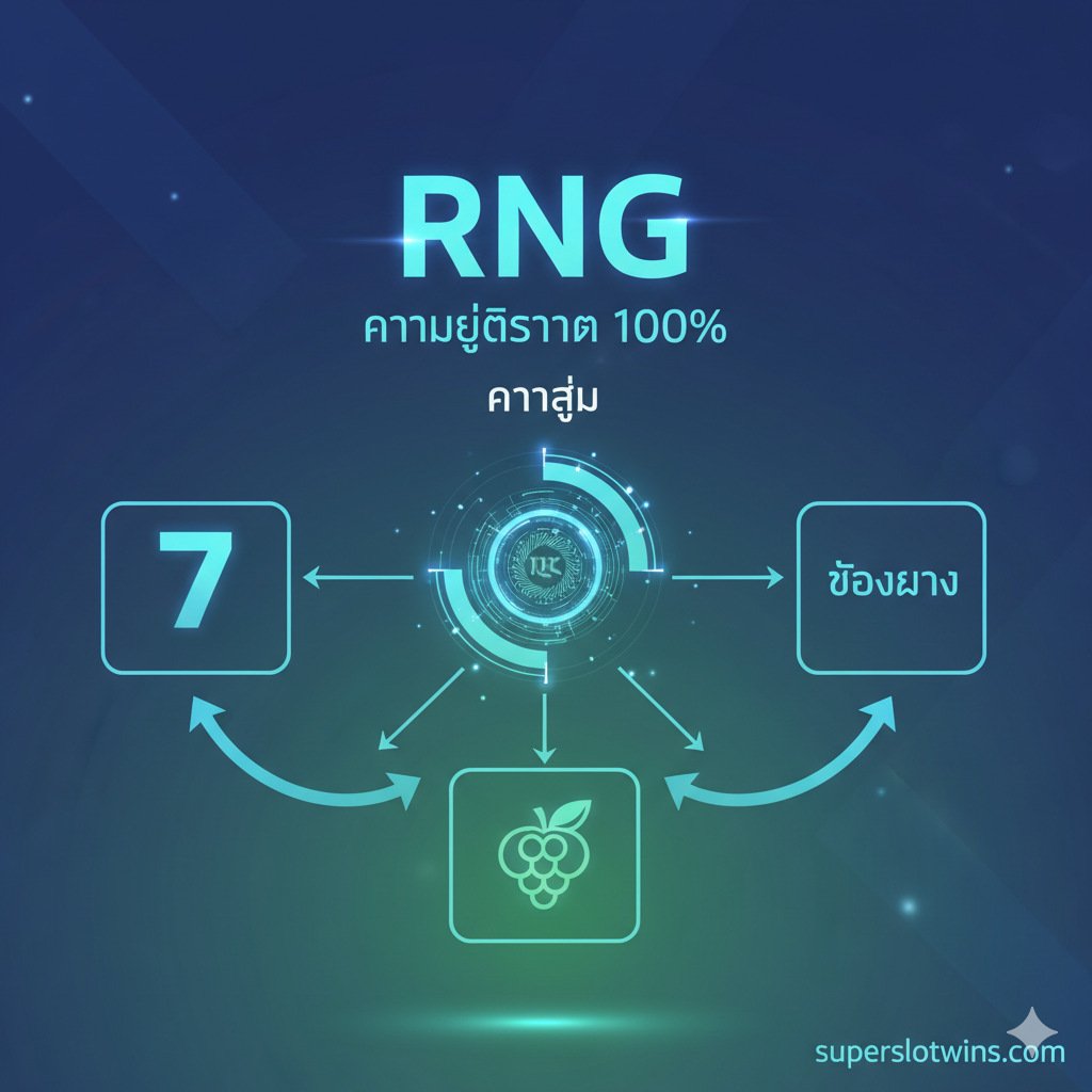 功能图片,重点展示RNG(Random Number Generator)的运作机制,作为反驳“rig slot”的核心论点。图片是一个简洁、未来感的图表或概念插画。核心是一个旋转的**“随机”**符号或算法模型,周围有箭头指向三个不同的、完全独立的“结果”(例如:数字7、一个水果符号、一个空白)。使用蓝色和绿色调来代表稳定和公正。图上应有清晰的“RNG”和“100% Fairness”标签,强调无记忆性和中立性。