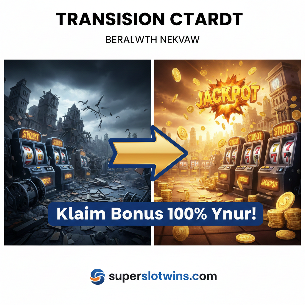 总结图,用于呼吁行动和总结转换的价值。图片主题应是“Transisi Cerdas”或“Beralih Sekarang”。构图采用左右对比,左侧可以是一个正在坍塌或有裂缝的旧世界(代表Sandbet的封锁和不稳定),右侧是一个阳光明urni、充满活力的理想Slot游戏世界(代表superslotwins.com)。中间是一个巨大的行动号召按钮或箭头,上书“Klaim Bonus 100% Anda!”。图片应传达出积极、决断和立即可获得奖励的情绪。