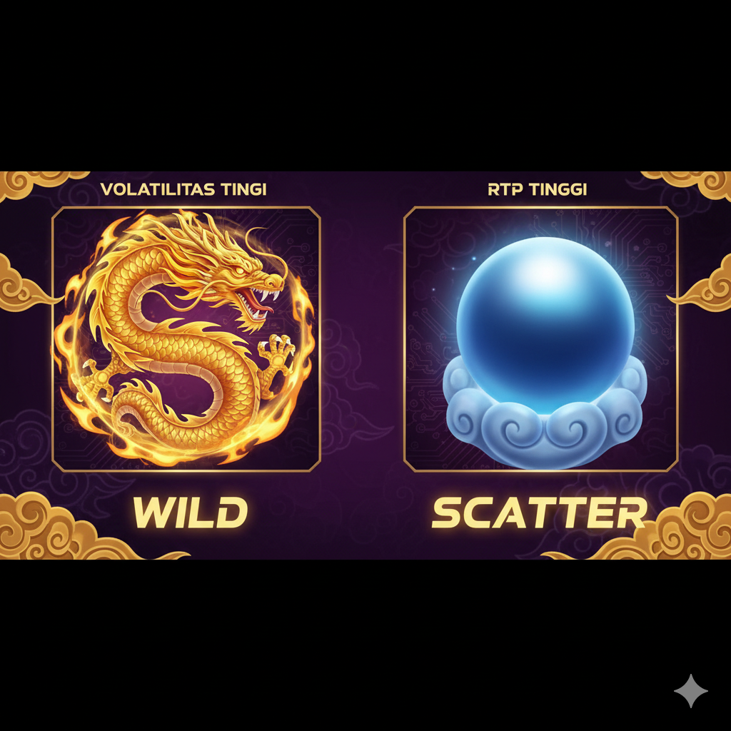 Fokus pada mekanika kunci permainan. Tampilkan perbesaran dua simbol terpenting: Simbol 'Wild' (misalnya, seekor naga emas yang berapi-api) dan Simbol 'Scatter' (misalnya, sebuah mutiara biru besar di atas alas awan). Kedua simbol harus diletakkan berdampingan di tengah, masing-masing dengan label 'WILD' dan 'SCATTER' yang jelas. Latar belakang harus berteknologi tinggi namun tetap memiliki nuansa Asia, seperti antarmuka permainan yang menunjukkan statistik 'Volatilitas Tinggi' dan 'RTP Tinggi'. Gunakan palet warna yang kontras, seperti ungu dan emas, untuk menyorot pentingnya fitur-fitur ini.