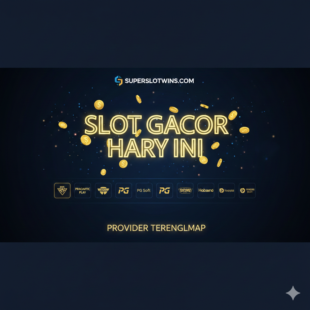 Visualisasi yang berfokus pada fitur 'Slot Gacor' dan 'Provider Terlengkap'. Gambar harus menampilkan layar antarmuka situs superslotwins.com yang elegan dan modern. Tampilkan beberapa ikon logo provider slot ternama (seperti Pragmatic Play, PG Soft, Habanero) berjejer rapi. Di tengah, buat teks 'SLOT GACOR HARI INI' yang menyala dan menonjol, dikelilingi oleh koin-koin emas yang jatuh. Gaya harus digital, beresolusi tinggi, dengan palet warna dominan biru gelap dan aksen emas neon untuk menunjukkan kualitas dan profesionalisme.