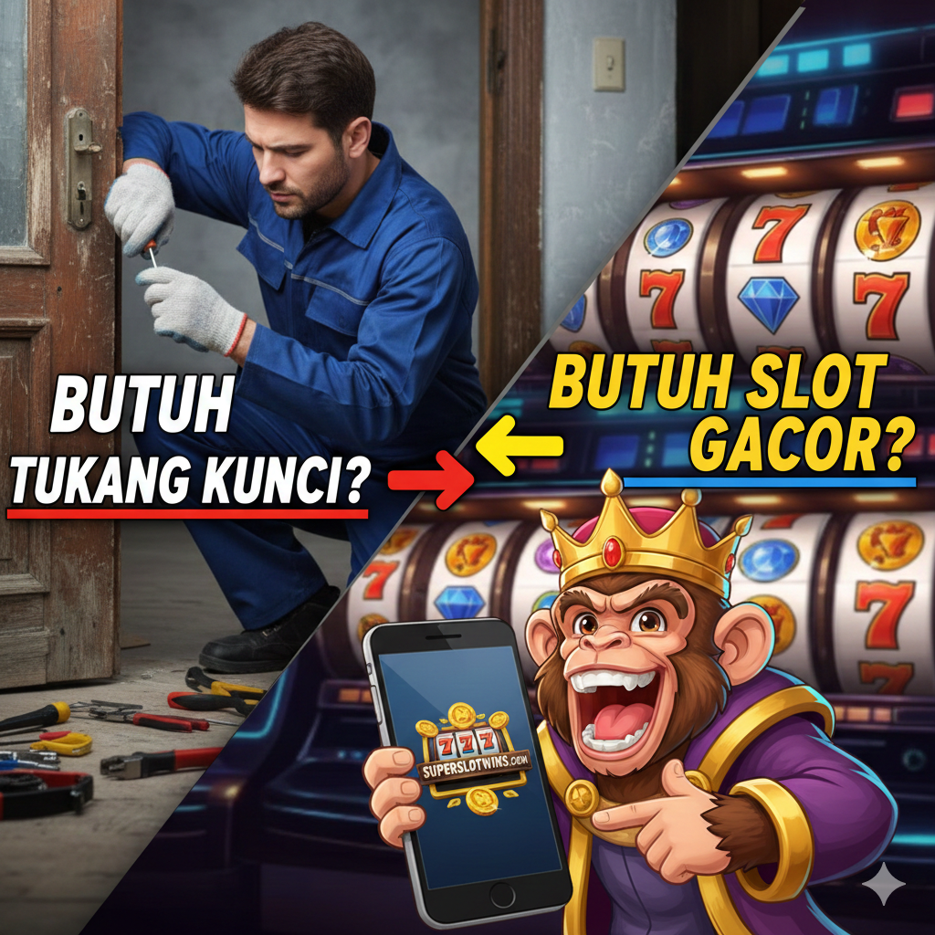 Gambar ringkasan untuk mengklarifikasi perbedaan intent pencarian. Gunakan komposisi dua bagian yang dipisahkan oleh garis diagonal atau panah. Di satu sisi, tunjukkan gambar bergaya realistik dari 'tukang kunci profesional' yang sedang memperbaiki silinder kunci pintu dengan alat, dengan teks 'BUTUH TUKANG KUNCI? ➡️'. Di sisi lain, tunjukkan 'maskot slot' (misalnya kera, dewa Zeus, atau simbol game) yang sedang tertawa dan menunjuk ke layar ponsel dengan logo superslotwins.com, dengan teks 'BUTUH SLOT GACOR? ⬅️'. Gunakan kontras warna yang jelas untuk membedakan dua layanan tersebut.