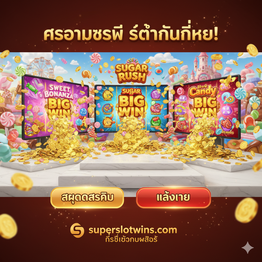 ภาพสรุปที่เป็นแรงบันดาลใจและกระตุ้นการตัดสินใจ ภาพควรเป็นภาพพาโนรามาของเกมสล็อตแคนดี้หลายเกมรวมกัน (Sweet Bonanza, Sugar Rush, Candy Burst) ที่แสดงผล BIG WIN พร้อมกันทั้งหมด มีเหรียญทองจำนวนมากกำลังไหลท่วมจอ (Coin Explosion) และลูกกวาดลอยฟุ้งเต็มอากาศ ในพื้นหลังมีปุ่ม 'สมัครสมาชิก' หรือ 'Play Now' ขนาดใหญ่ที่กระพริบแสงอย่างน่าดึงดูดใจ ภาพควรให้ความรู้สึกถึง 'ความสำเร็จ' และ 'การบรรลุเป้าหมาย' ที่ superslotwins.com พร้อมส่งเสริมให้ผู้ใช้คลิกเพื่อเริ่มเล่น