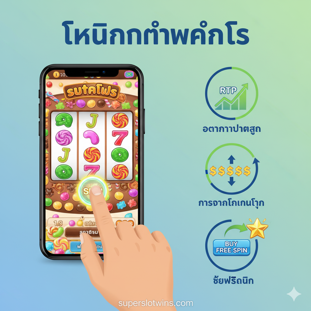 ภาพสำหรับส่วน 'เทคนิคทำกำไร' ควรเป็นภาพสไตล์ Infographic ที่เข้าใจง่าย แสดงมือข้างหนึ่งกำลังกดปุ่ม 'Spin' บนหน้าจอโทรศัพท์มือถือที่กำลังเล่นสล็อตแคนดี้ (เน้นมุมมองบุคคลที่หนึ่ง) ข้าง ๆ มีแผนภาพเล็ก ๆ 3 อัน แสดงถึง: 1) กราฟ RTP ที่พุ่งสูงขึ้น 2) สัญลักษณ์ $ ที่กำลังเพิ่มขึ้นอย่างรวดเร็ว (สื่อถึง Bankroll Management) และ 3) ปุ่ม Buy Free Spin ที่มีลูกศรชี้ไปที่รางวัลแจ็คพอต ใช้โทนสีฟ้า/เขียว/เหลืองที่ดูน่าเชื่อถือและเป็นมืออาชีพ เพื่อสื่อถึงกลยุทธ์และวิธีการเล่นอย่างมีแบบแผน