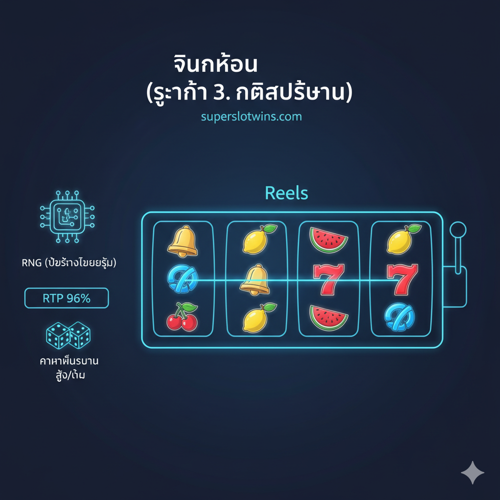 ภาพประกอบเพื่ออธิบายกลไกพื้นฐานของสล็อต (ส่วนที่ 3) แสดงภาพวาดอินโฟกราฟิกที่สะอาดและเป็นระเบียบ โดยเน้นส่วนประกอบสำคัญ 3 อย่าง: 1. วงล้อ (Reels) ที่แสดงสัญลักษณ์ต่าง ๆ 2. เส้นจ่ายเงิน (Payline) ที่ถูกเน้นให้เห็นชัดเจน 3. ไอคอนของ 'RNG' (Random Number Generator) เป็นวงจรคอมพิวเตอร์ที่แสดงผลลัพธ์แบบสุ่ม พร้อมเปอร์เซ็นต์ 'RTP' 96% และสัญลักษณ์ 'Volatility' (ลูกเต๋า 2 ลูก ที่แสดง High/Low) จัดวางองค์ประกอบทั้งหมดบนพื้นหลังสีน้ำเงินเข้มและมีแสงนีออนสีฟ้าอ่อนตัดกันเพื่อเน้นความโปร่งใสและเทคโนโลยี