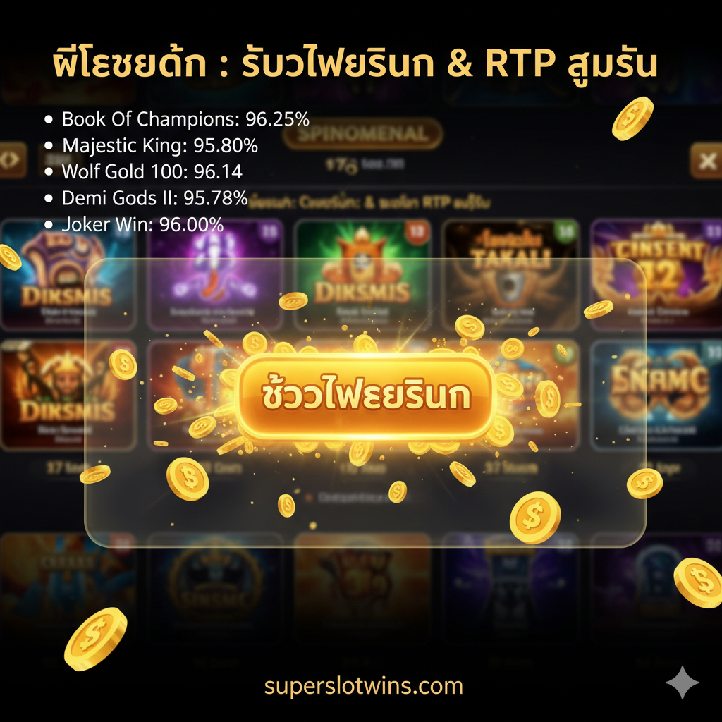 ภาพที่เน้นฟีเจอร์ 'ซื้อฟรีสปิน' (Buy Feature) และ RTP สูงของ Spinomenal โดยเฉพาะ ภาพประกอบด้วยหน้าจอเครื่องสล็อตที่มีปุ่ม 'BUY FREE SPINS' ส่องประกายอยู่ตรงกลางพร้อมเหรียญทองและสัญลักษณ์เงินบาทที่ปลิวออกมาเพื่อสื่อถึงผลกำไรที่รวดเร็ว ภาพพื้นหลังมีภาพขนาดเล็กของเกม Spinomenal ที่แตกต่างกันสามถึงห้าเกมที่จัดแสดง RTP ของพวกเขาด้วยข้อความที่เน้นย้ำถึง 'ฟีเจอร์เด่น: ซื้อฟรีสปิน & RTP สูงสุด' ด้วยสีที่สดใส เช่น สีทอง สีแดง และสีเขียว