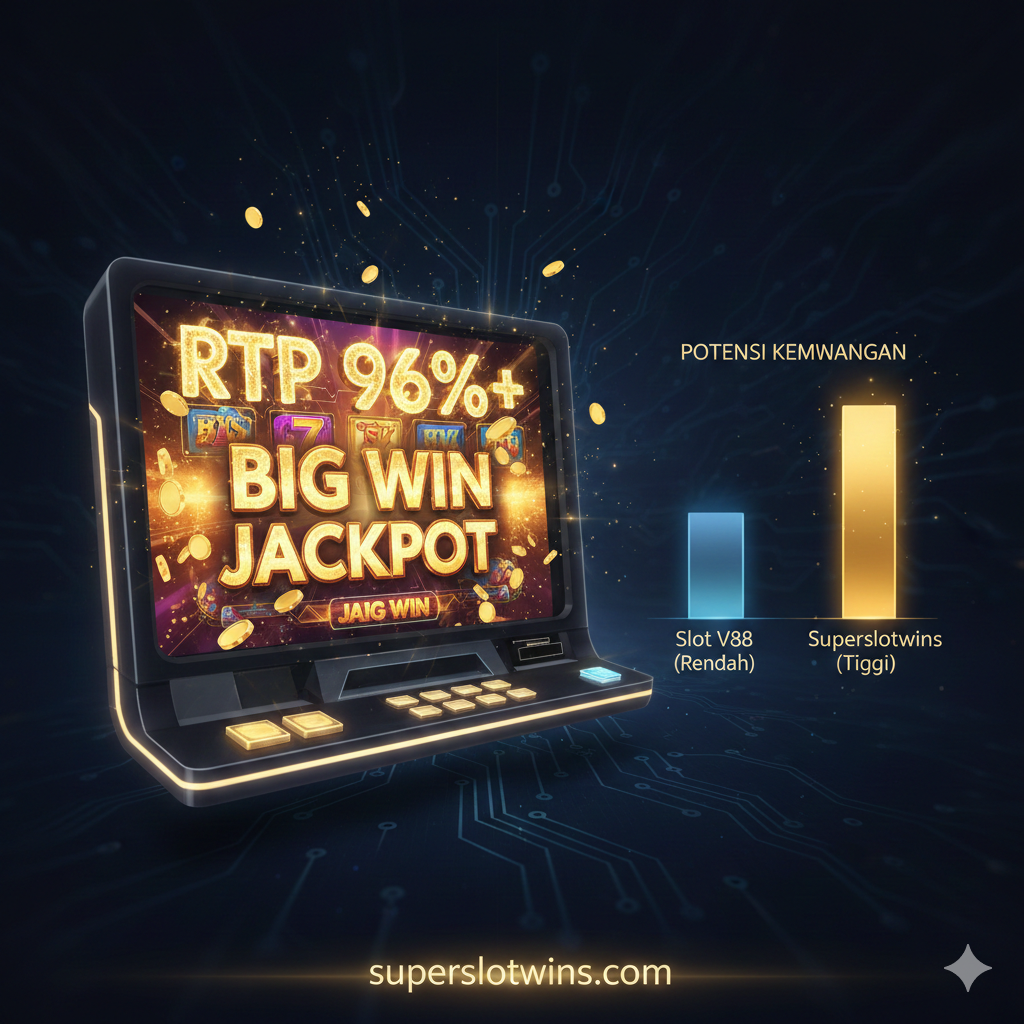 Gambar yang menyoroti fitur utama RTP (Return To Player) tertinggi Superslotwins. Tampilkan layar mesin slot yang menghasilkan 'BIG WIN' atau 'JACKPOT', dengan angka persentase besar 'RTP 96%+' yang menonjol dan berkilauan di atasnya. Sisipkan grafik batang atau diagram yang membandingkan dua kolom: 'Slot V88 (Rendah)' vs. 'Superslotwins (Tinggi)', yang menekankan perbedaan potensi kemenangan. Gaya visual harus modern dan berteknologi tinggi, dengan efek cahaya keemasan yang memancar dari koin atau simbol kemenangan, menyampaikan janji keuntungan finansial yang lebih besar.