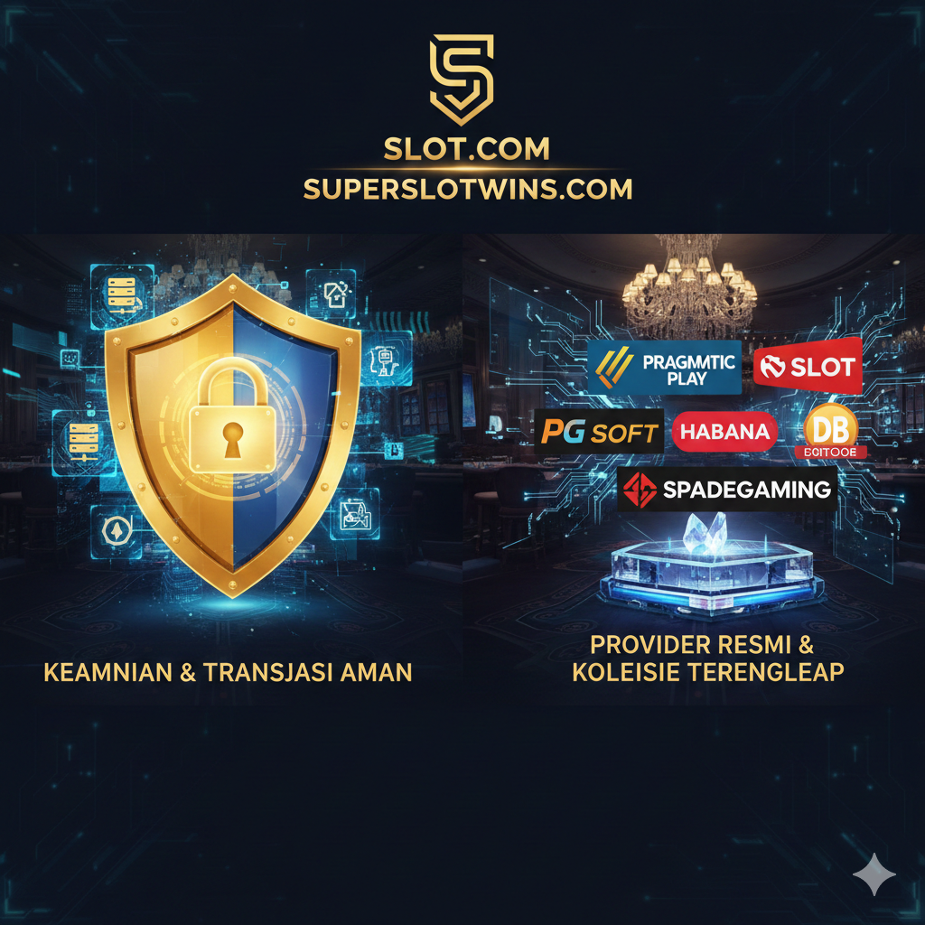 Gambar yang menonjolkan keunggulan utama situs. Fokus pada keamanan, bonus, dan layanan pelanggan 24/7. Gunakan tiga panel terpisah: 1) Kunci/Gembok yang bersinar dan simbol perisai (untuk Keamanan Data), 2) Tumpukan koin emas/Chip dengan pita 'Bonus Slot Eksklusif' di atasnya, 3) Ikon headset/Live Chat (untuk CS 24/7). Latar belakang harus berwarna-warni namun profesional, menekankan kata kunci 'Terpercaya' dan 'Pembayaran Penuh Jekpot' di situs superslotwins.com.