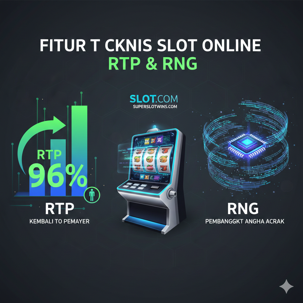 Gambar fungsional yang menjelaskan mekanisme slot secara edukatif. Tampilkan visualisasi grafis dari konsep 'RTP' (Return to Player) dan 'RNG' (Random Number Generator). Gunakan diagram atau ilustrasi dengan panah dan angka persentase (misalnya, 96% RTP) di satu sisi, dan ikon roda gigi/mesin yang berputar secara acak untuk RNG di sisi lain. Palet warna harus biru dan hijau yang memberikan kesan data/teknologi. Ilustrasi harus bersih, profesional, dan mudah dimengerti, menyoroti aspek 'Aspek Edukasi' dalam artikel.