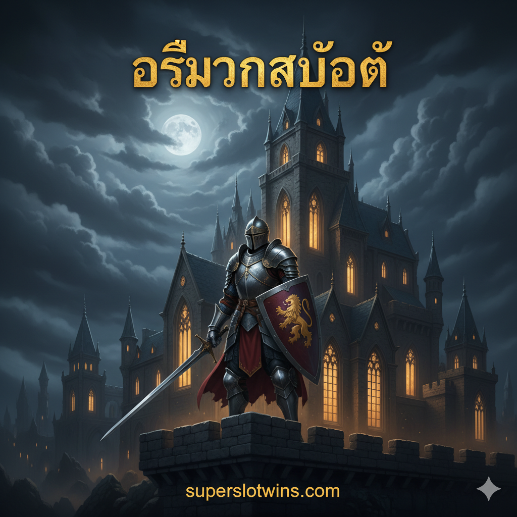 ภาพปกแนวแฟนตาซีมืดมนและสง่างาม (Dark Fantasy/Epic Style) สำหรับบทความ 'Slot Knights' เน้นโทนสีทอง แดงเข้ม และน้ำเงินเข้ม แสดงภาพอัศวินในชุดเกราะเหล็กเต็มยศถือดาบและโล่ ยืนอยู่บนเชิงเทินของปราสาทหินขนาดใหญ่ที่มีแสงสว่างสีทองส่องออกมาจากหน้าต่าง ด้านหลังเป็นท้องฟ้ายามค่ำคืนที่มีเมฆหนาและดวงจันทร์เต็มดวง องค์ประกอบภาพเน้นความยิ่งใหญ่และพลังดึงดูดสายตา