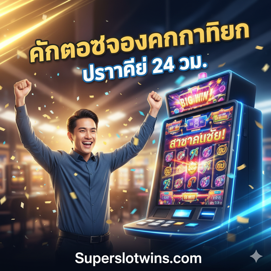 A triumphant summary image celebrating success. Feature a victorious, happy player (gender-neutral, suitable for Thai context) raising their hands in front of a vividly illuminated slot machine screen that clearly displays a 'BIG WIN' or 'JACKPOT' message. Overlay key concluding text points in bold Thai font, such as 'คำตอบของคนทำเงิน' (The Answer for Money Makers) and 'ปลอดภัย 24 ชม. ที่ Superslotwins' (Safe 24 Hrs. at Superslotwins). The color palette is bright and optimistic (gold, electric blue, and white), using a celebratory composition to reassure the user and prompt them to take action.
