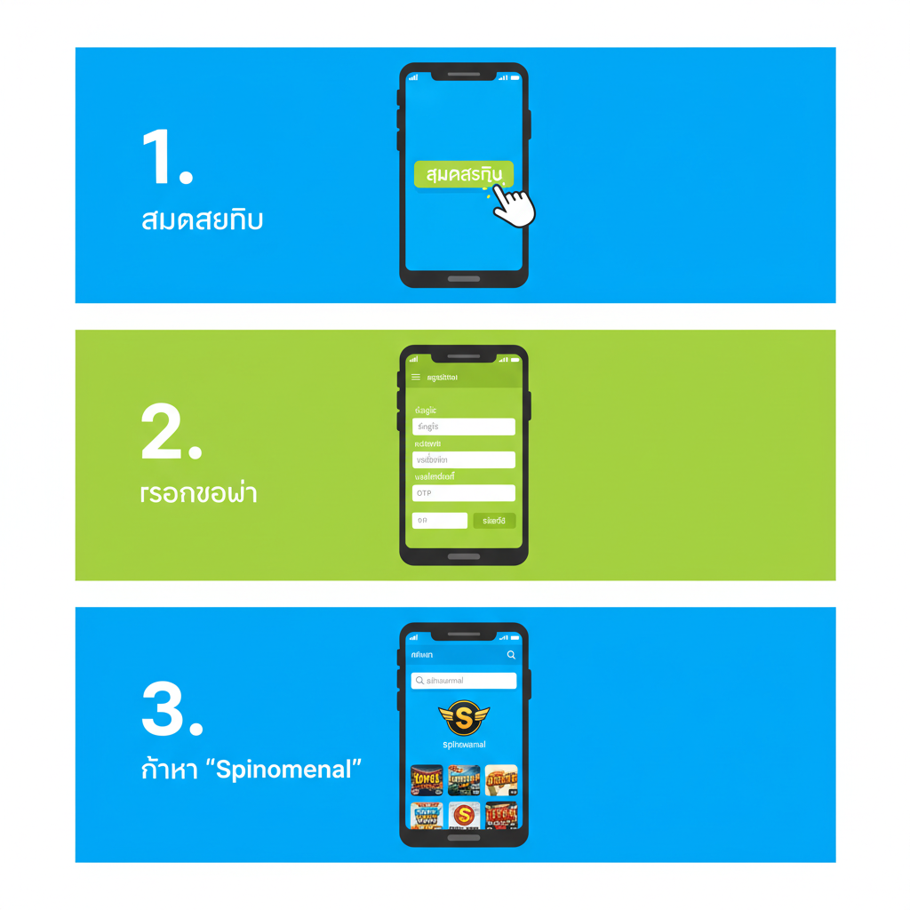 ภาพแผนภาพการสอนที่ชัดเจนและเรียบง่ายซึ่งแสดงวิธีการลงทะเบียนบน superslotwins และเข้าถึงเกม Spinomenal ใน 3 ขั้นตอน ภาพประกอบใช้รูปแบบภาพแบน (Flat design) และแบ่งออกเป็นสามส่วน แต่ละส่วนแสดงถึงขั้นตอน: 1. สมัครสมาชิก (แสดงไอคอนมือที่คลิกปุ่มลงทะเบียนบนหน้าจอโทรศัพท์) 2. กรอกข้อมูล (แสดงแบบฟอร์มที่มีช่องสำหรับใส่ข้อมูลและการแจ้งเตือน OTP) 3. ค้นหา 'Spinomenal' (แสดงภาพหน้าจอโทรศัพท์ที่มีแถบค้นหาและไอคอนเกม Spinomenal) แต่ละขั้นตอนมีตัวเลขและคำอธิบายภาษาไทยที่ชัดเจน