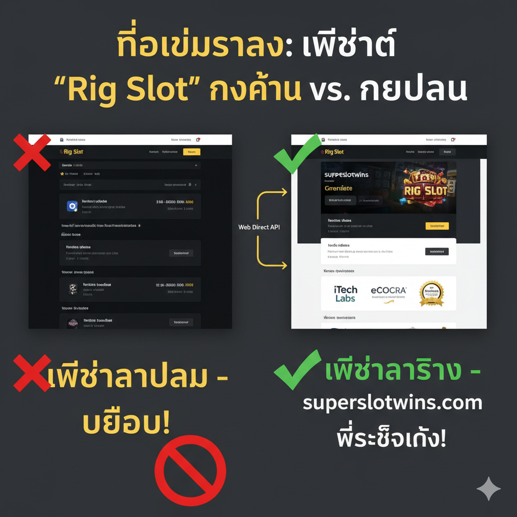 教程图片,指导用户如何识别真正的“Rig Slot”网站。图片采用对比或分步检查清单的风格。左侧(标记为❌)展示一个黑暗、杂乱、没有许可标志的网站界面(代表“Rig Slot”),有一个大大的红色🚫符号。右侧(标记为✅)展示一个干净、专业的网站界面(代表superslotwins.com),带有清晰可见的“iTech Labs”或“eCOGRA”等第三方认证标志和“Web Direct API”的连接线。使用对比色,如红色警告和绿色安全色。