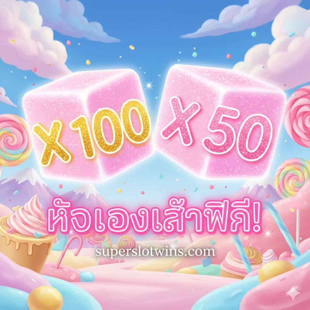 一张吸引眼ตาอน封面图 以“Sugar Drop”类สล็อตลูกกวาดเป็นธีม หลักคือสองสัญลักษณ์ตัวคูณสูงโดดเด่น (เช่น สไตล์ Sugar Rush ของ Pragmatic Play) เขียนว่า 'X100' และ 'X50' พื้นหลังเป็นโลกของลูกกวาดสีสดใส มีอมยิ้มสีรุ้งหมุนๆ ภูเขาไอศกรีม และเมฆสายไหม ตรงกลางมีข้อความภาษาไทย 'ทดลองเล่นฟรี!' (Free Play!) ที่ใช้ตัวอักษรสีทองหรือสีชมพูสว่าง เน้นคำหลักและจุดขายหลักของบทความโดยรวมให้ความรู้สึกมีชีวิตชีวา หวานแหวว และบ่งบอกถึงรางวัลใหญ่