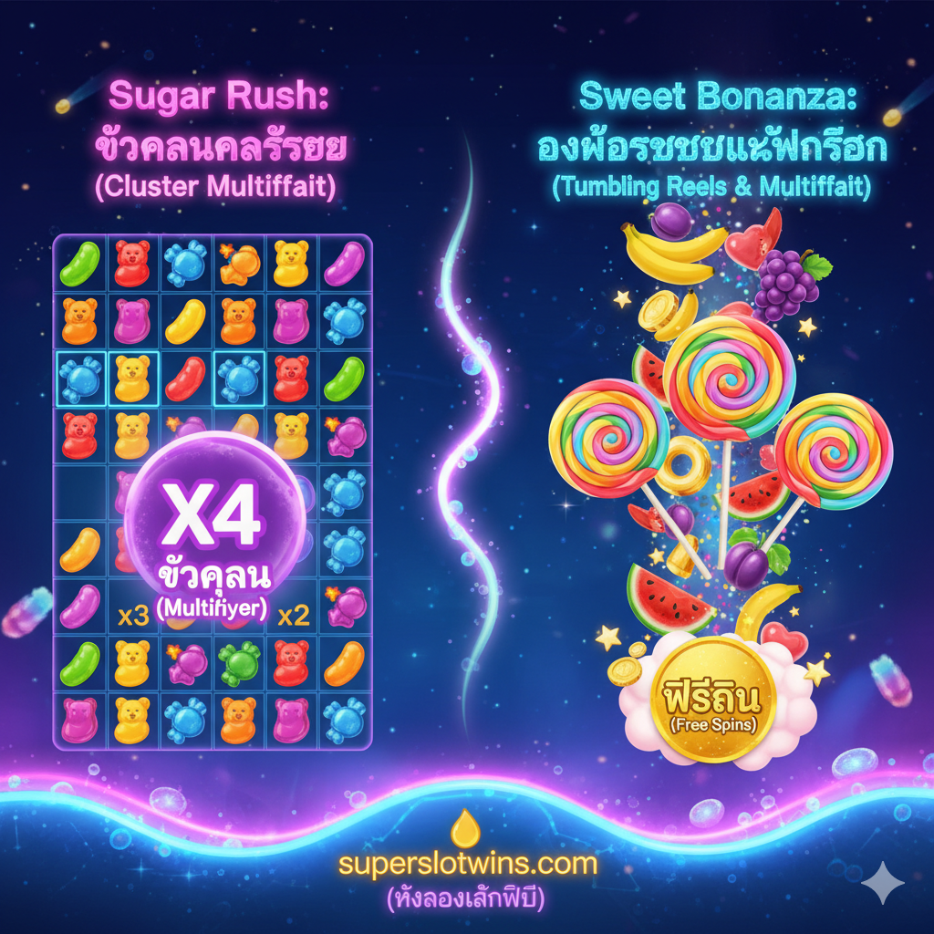功能特性图, 重点展示Sugar Rush和Sweet Bonanza等游戏的特色机制 画面分为两ส่วน, ซ้ายแสดง Cluster Pays grid ของ Sugar Rush, เน้นที่ตำแหน่งตัวคูณที่ถูกเปิดใช้งาน (เช่น บล็อกว่างที่มีเครื่องหมาย 'X4') ขวาแสดง Tumbling Reels และสัญลักษณ์ Scatter (อมยิ้มขนาดใหญ่) ของ Sweet Bonanza พื้นหลังเป็นสีน้ำเงินเข้มหรือม่วงพร้อมเอฟเฟกต์นีออนสีลูกกวาด เน้นคำว่า 'ตัวคูณ (Multiplier)' และ 'ฟรีสปิน (Free Spins)'